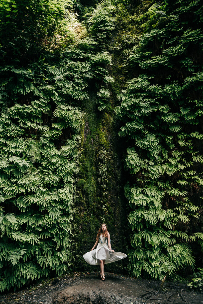 a bride standing in front of a wall of green ferns in Fern Canyon