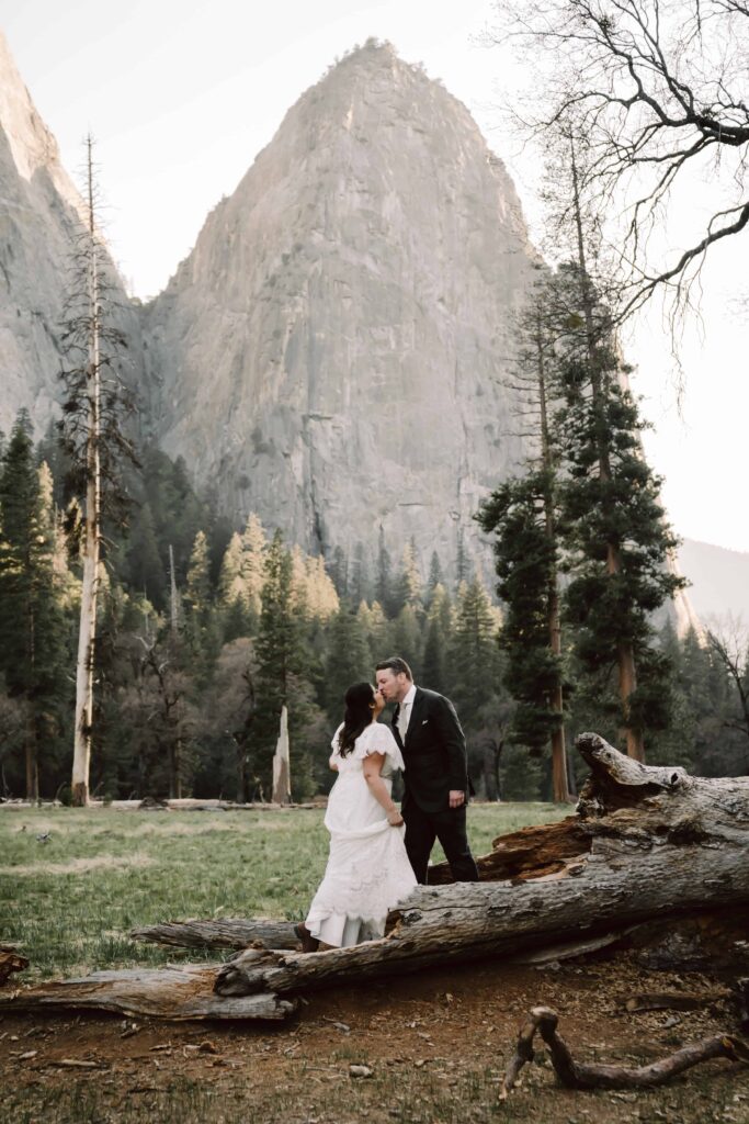 Bride and groom kiss in Yosemite National Park