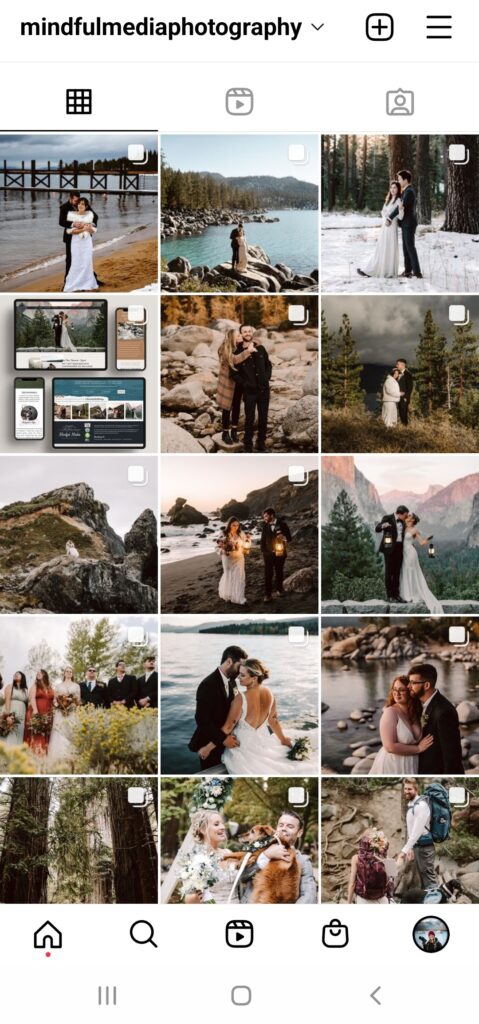 A screenshot of an adventure elopements photographers instagram feed with eloping couples in adventurous places