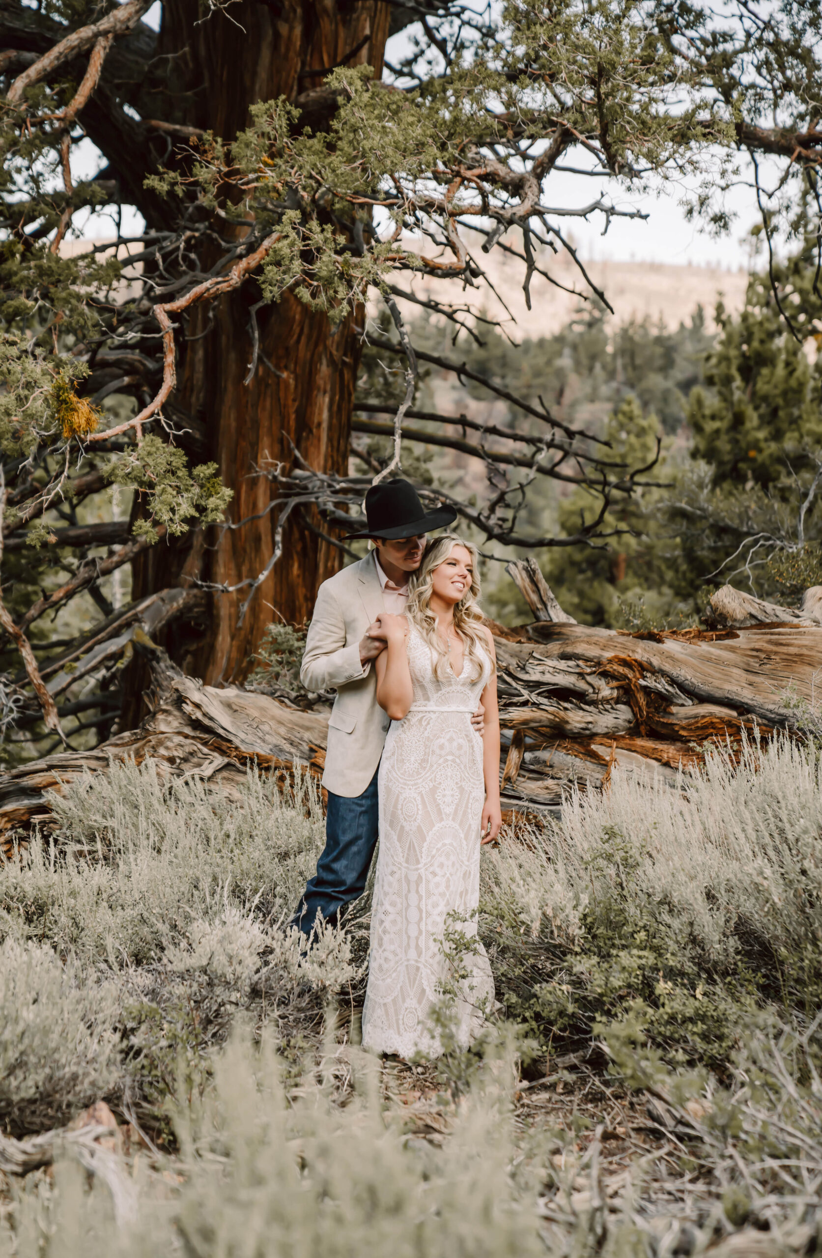 a bride and groom in the sage brush with a giant tree in the backdrop for their elopement day