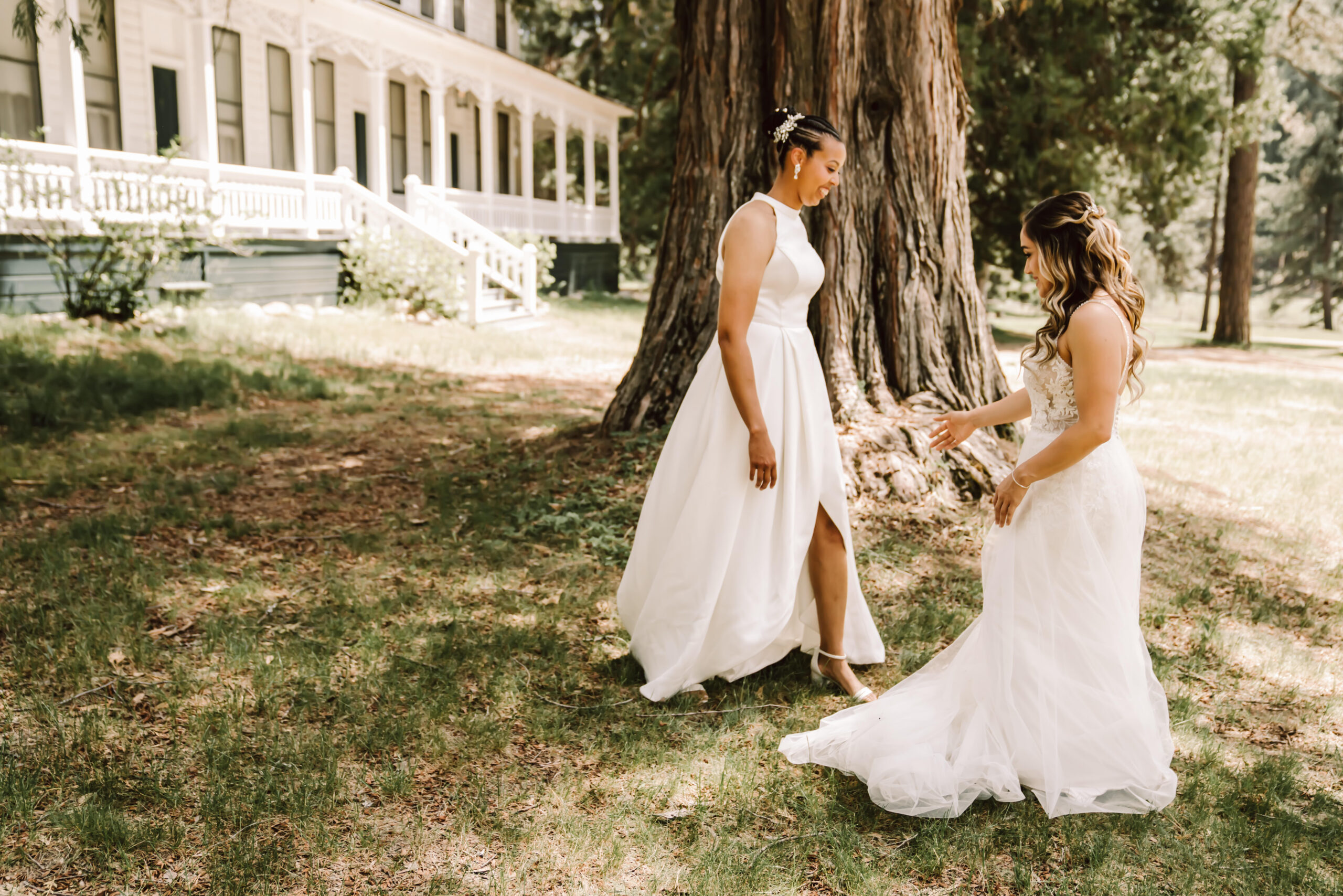 two brides seeing each other for the first time on their Elopement day