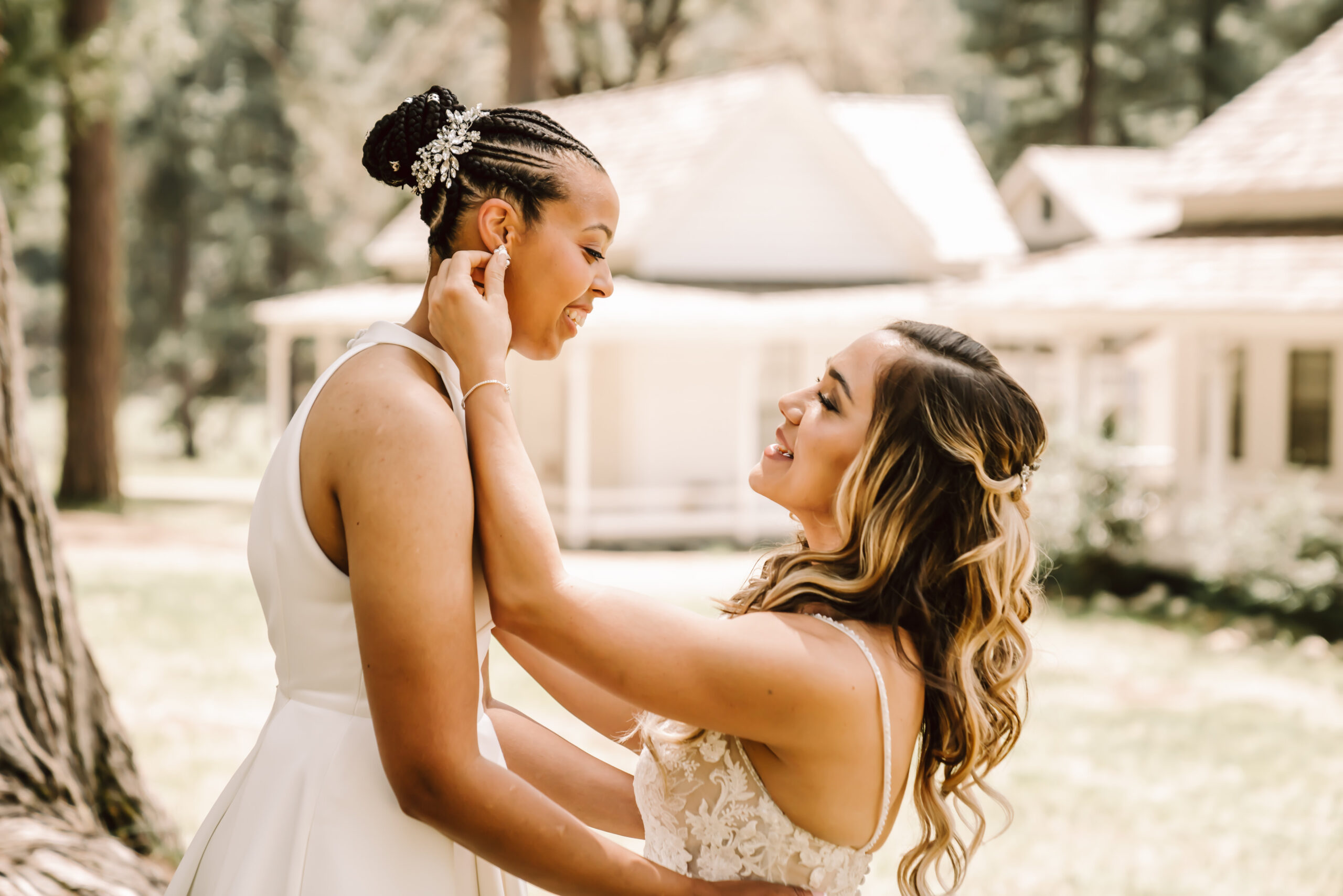 two bride looking at each other and hugging during their first look at their Yosemite Elopement