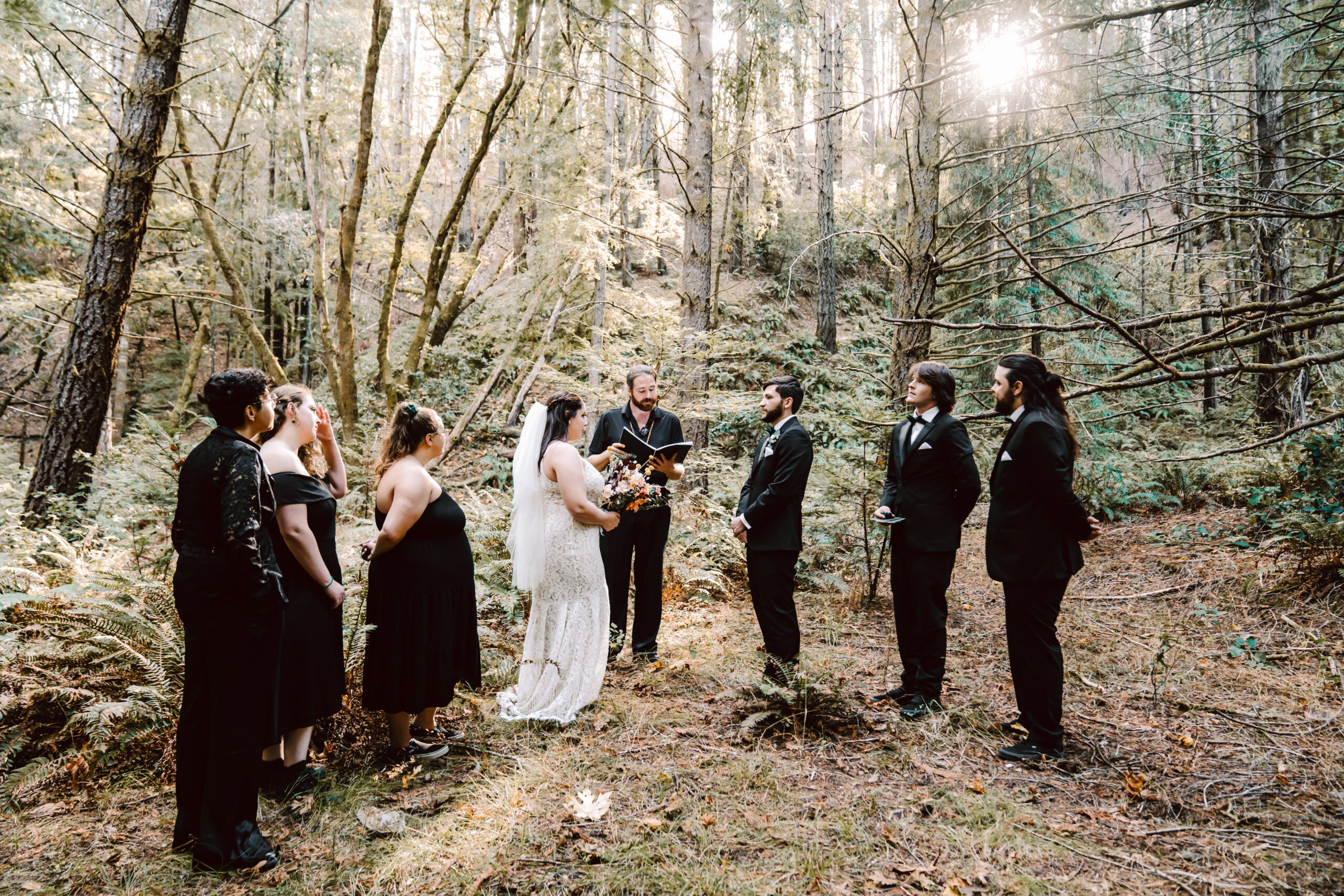 Forest elopement ceremony in Northern California with friends and family