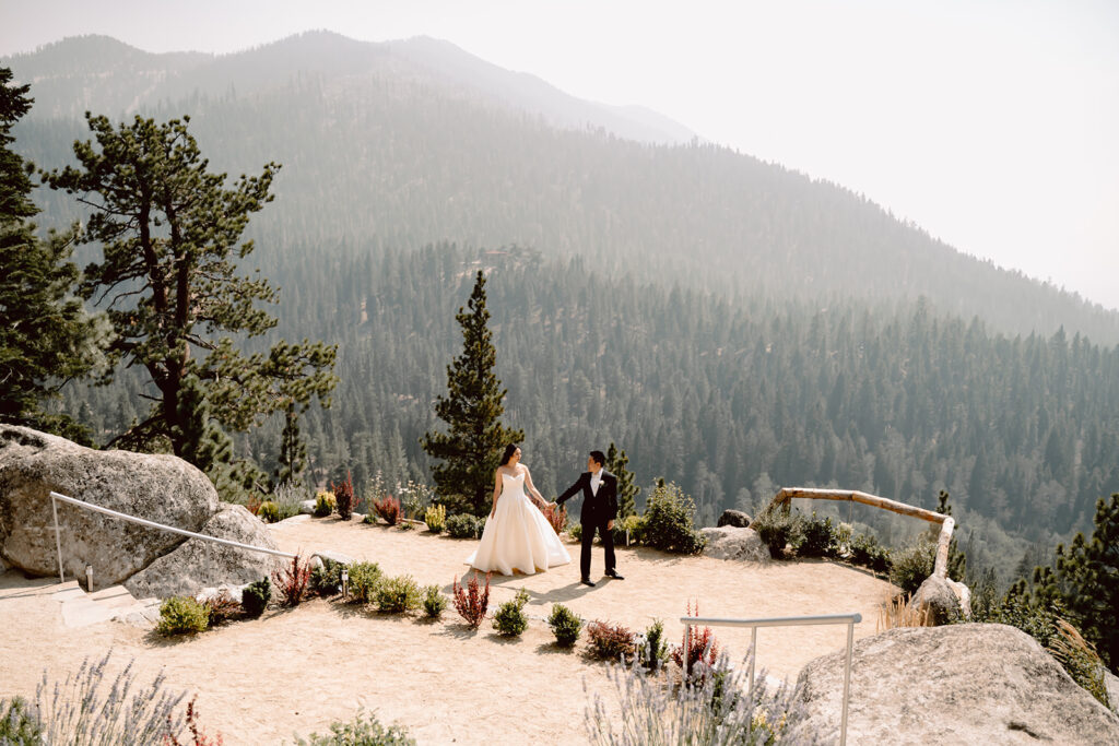 A wedding couple walking at the Tahoe Blue Estate for their Lake Tahoe Wedding
