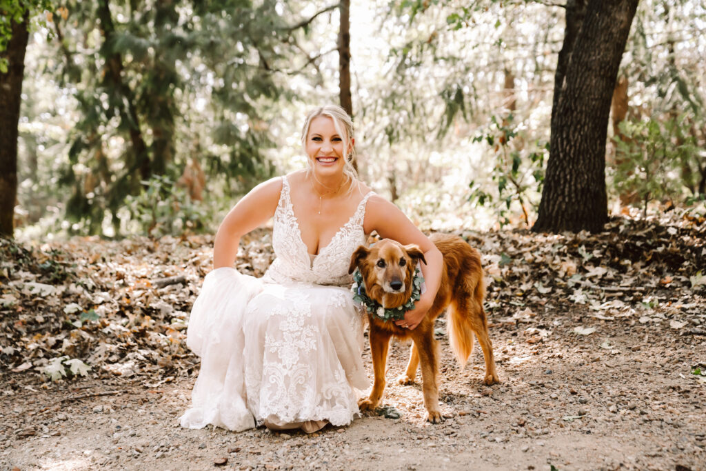 A bride and her dog getting ready for her wedding day 
