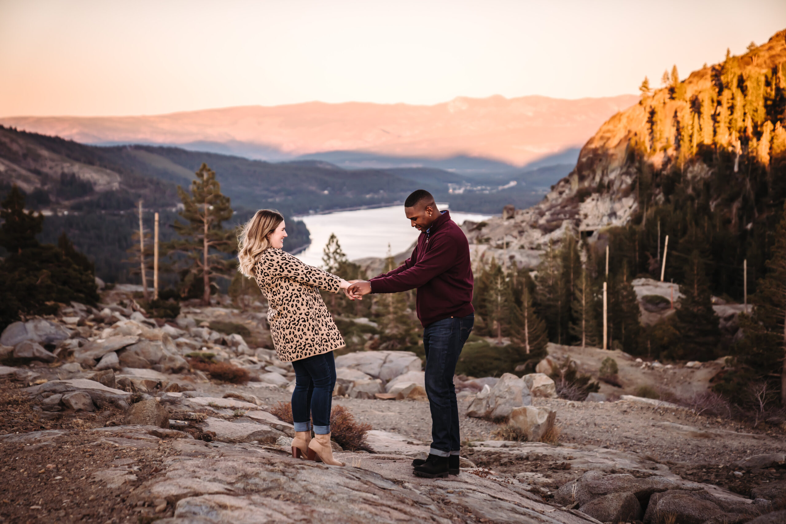 A couple dancing on the mountain overlooking Donner Lake in California