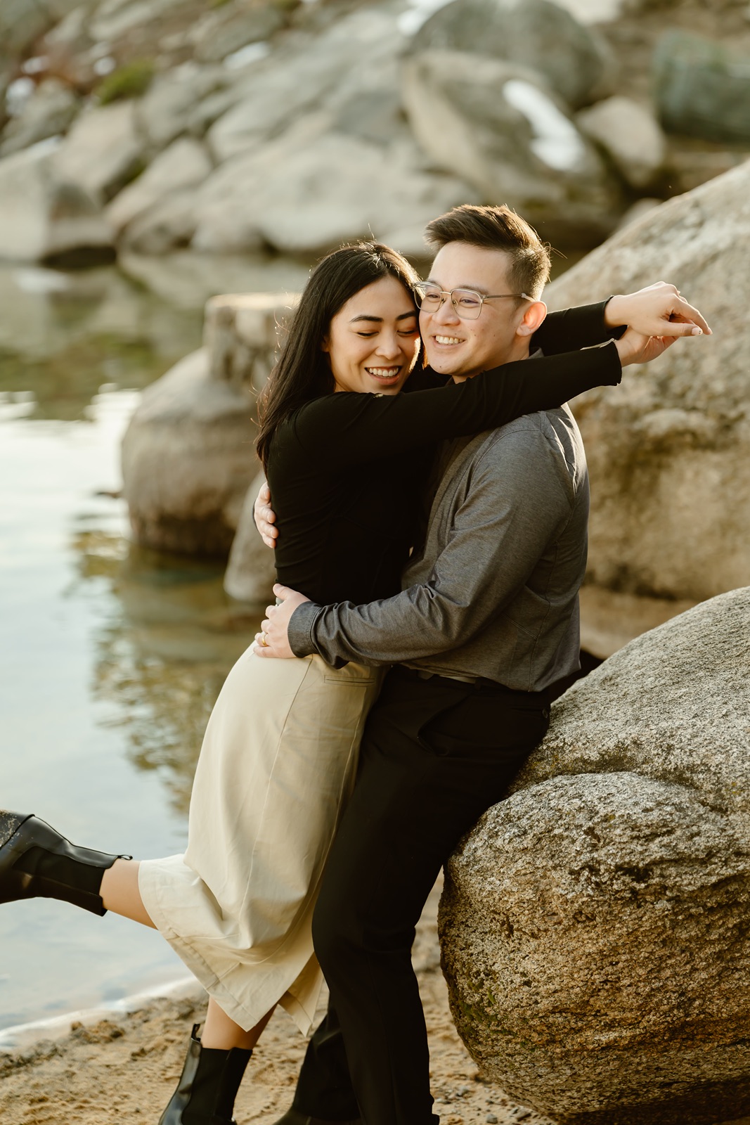 Couple poses for fall engagement photos in Lake Tahoe