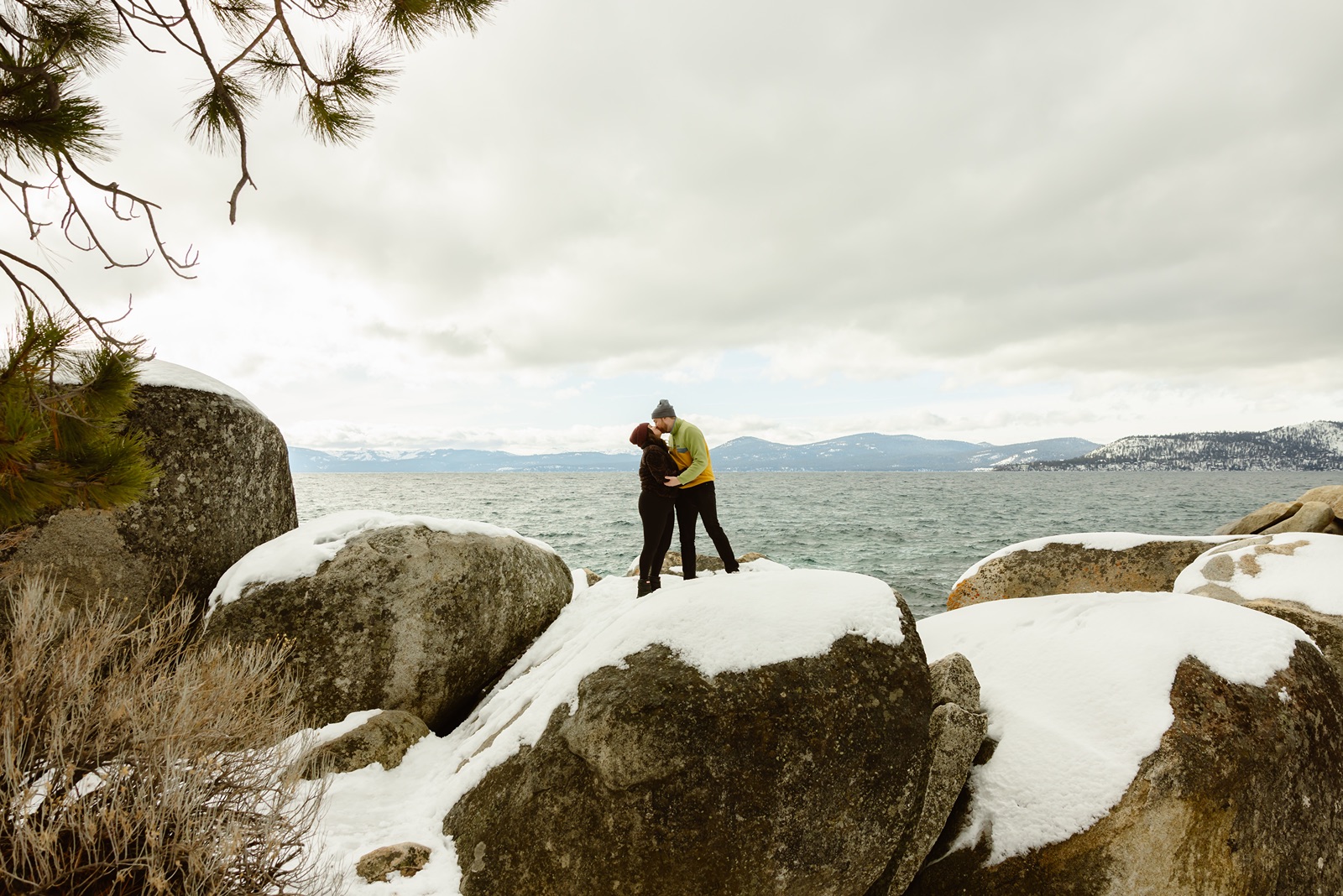 Couple in the snow during their Lake Tahoe engagement photos