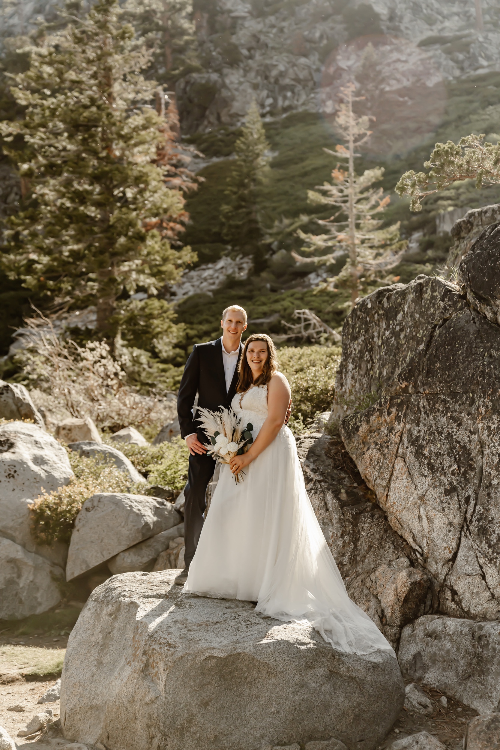Bride and groom smile at their Emerald Bay elopement