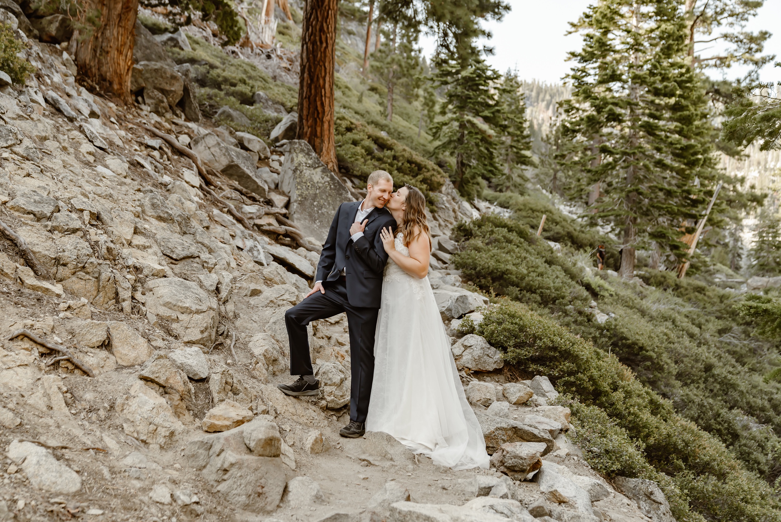 Bride and groom on Eagle Lake Trail Hike