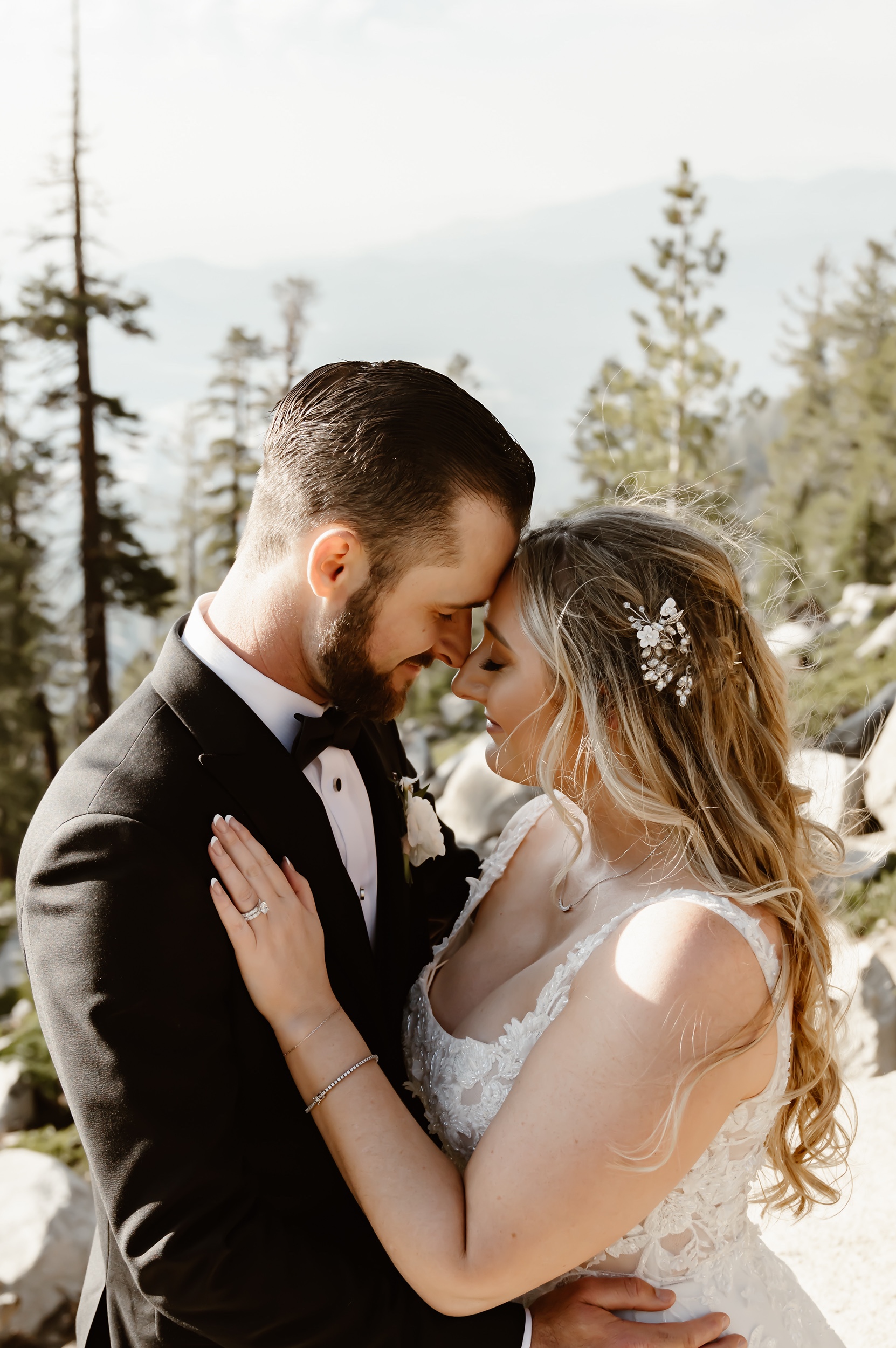 bride and groom with Heavenly Ski Resort as the backdrop