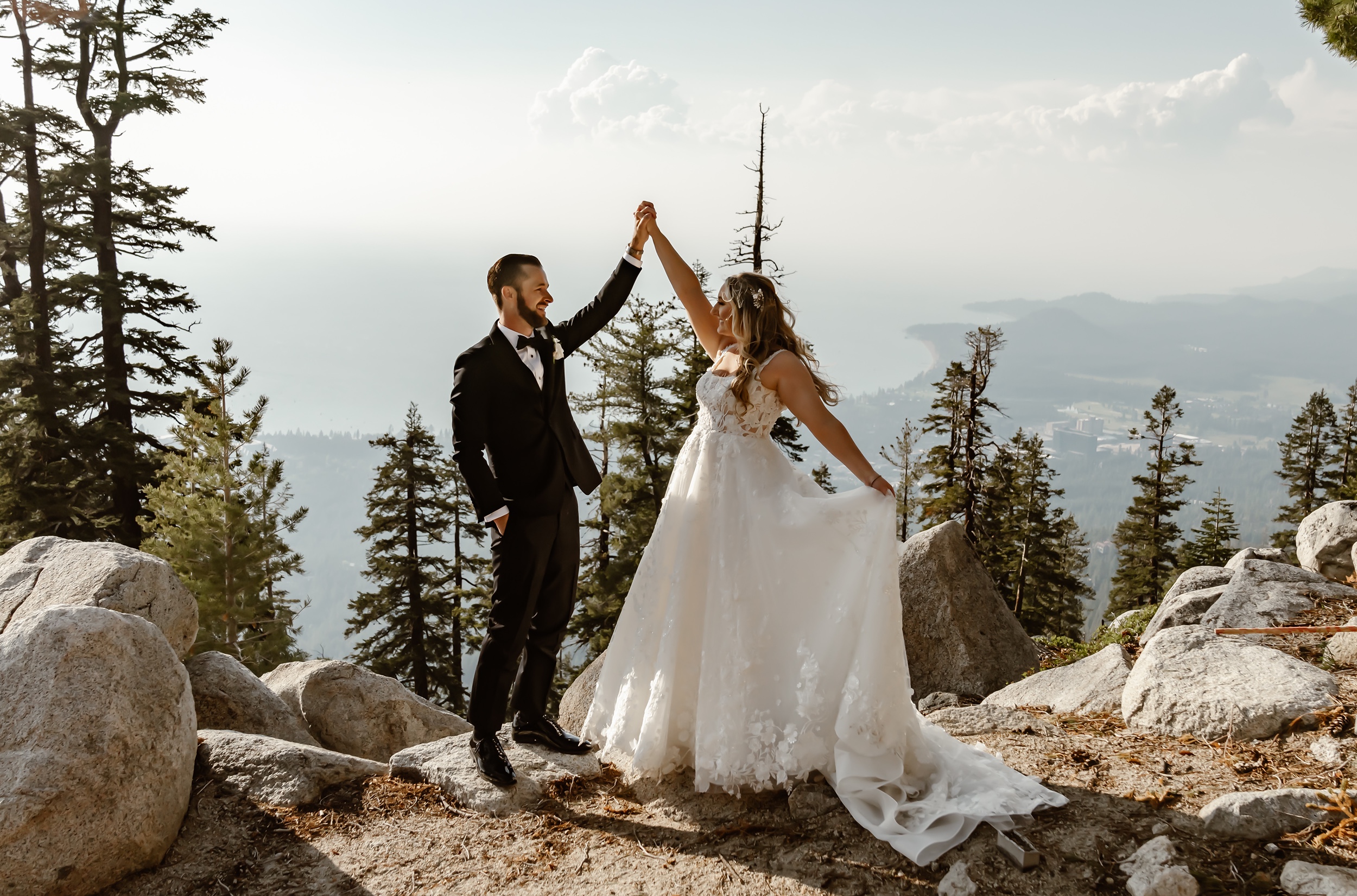 Bride and groom dance at Heavenly Ski Resort wedding