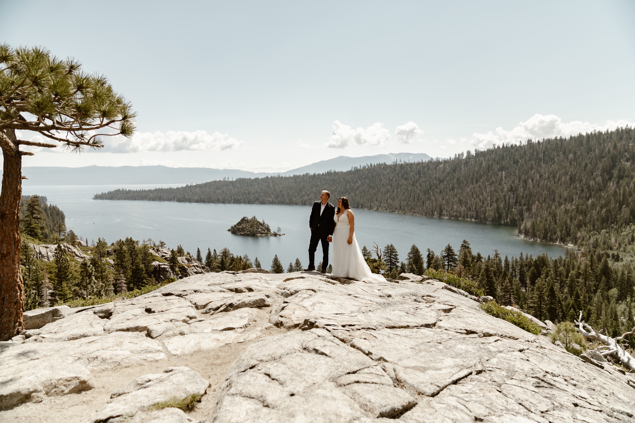 Bride and groom take in the Emerald Bay elopement views