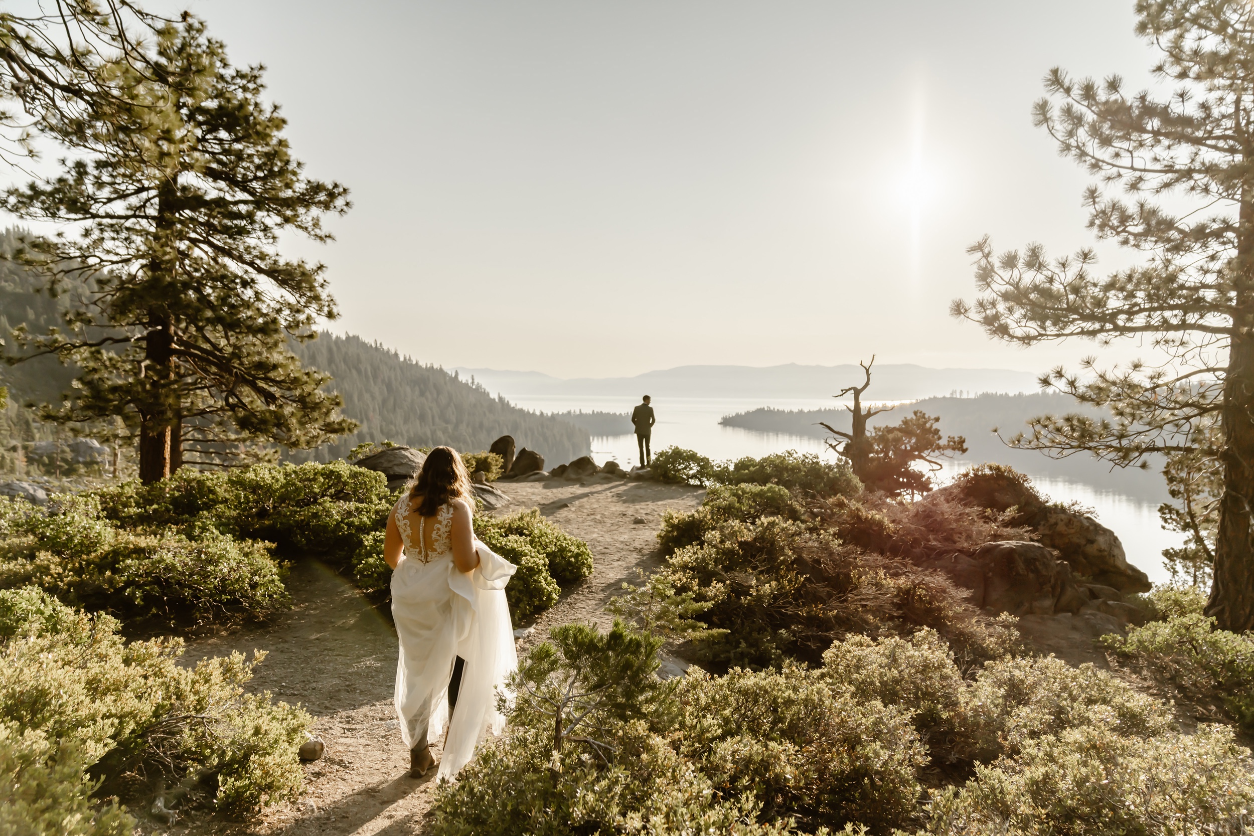 Bride and groom first look at Emerald Bay elopement