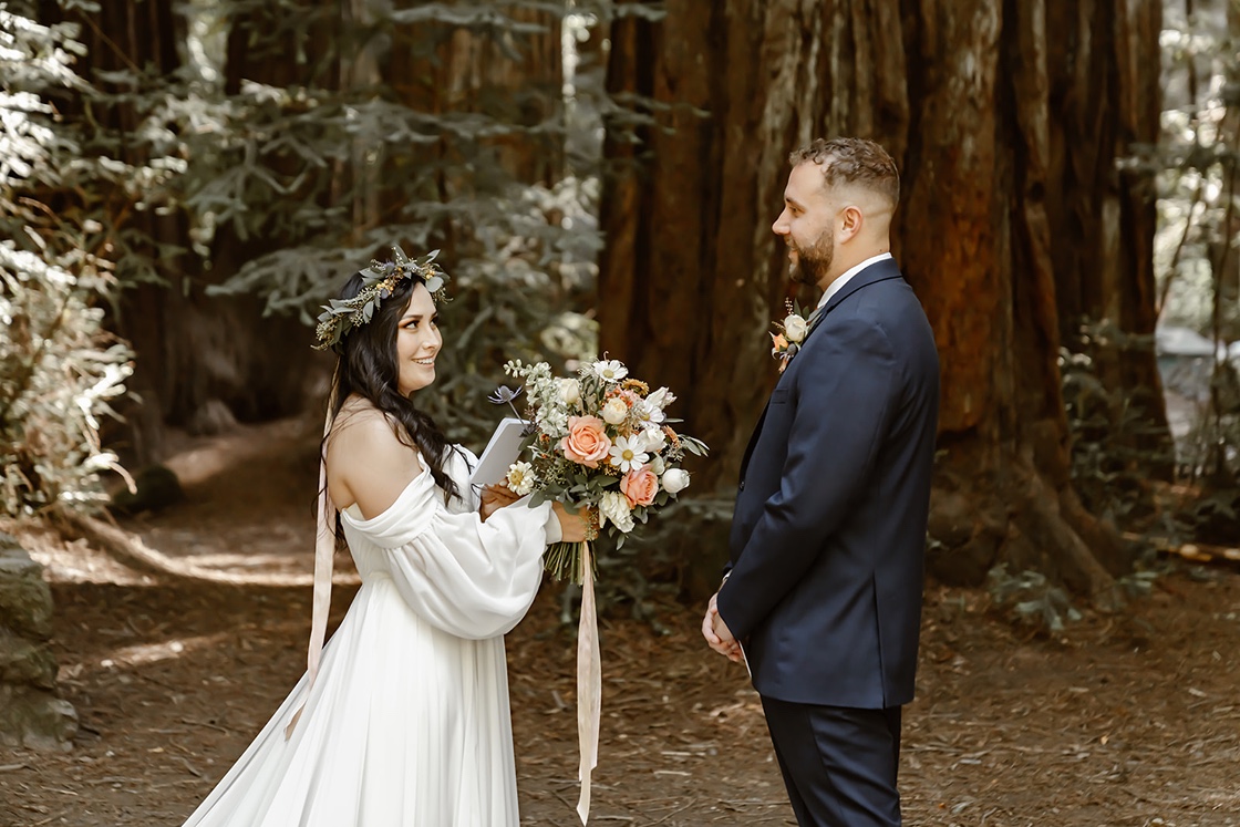 Bride and groom at their forest elopement ceremony