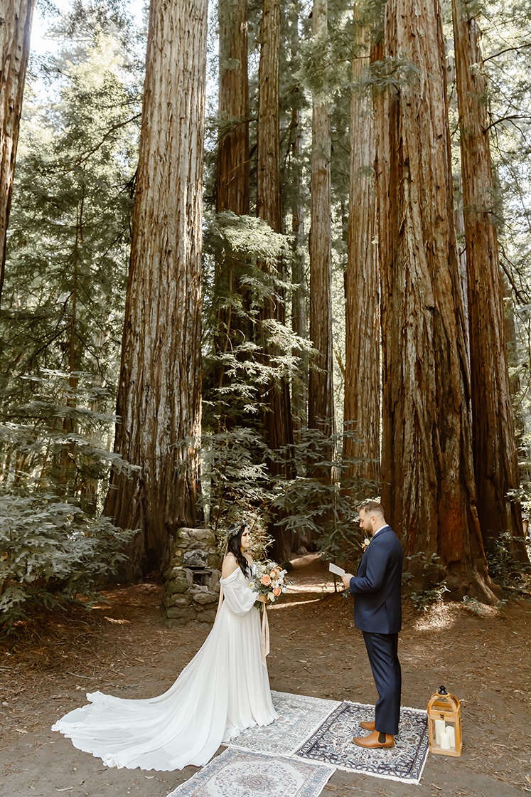 Bride and groom have first look at their forest elopement