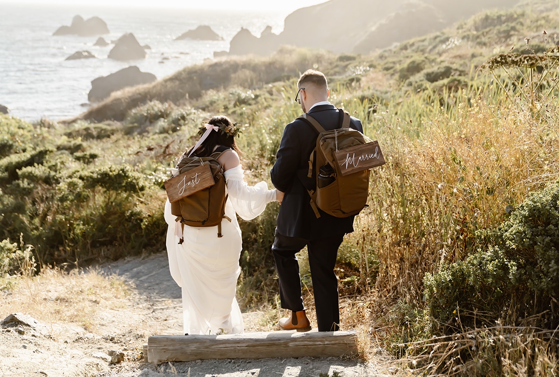 Bride and groom elopement hike at Shell Beach