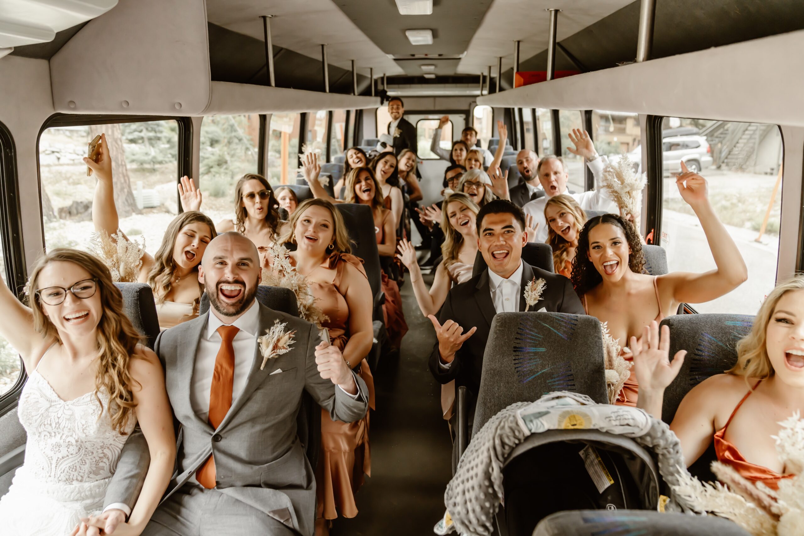 Wedding party on the way to the Mammoth Lakes wedding