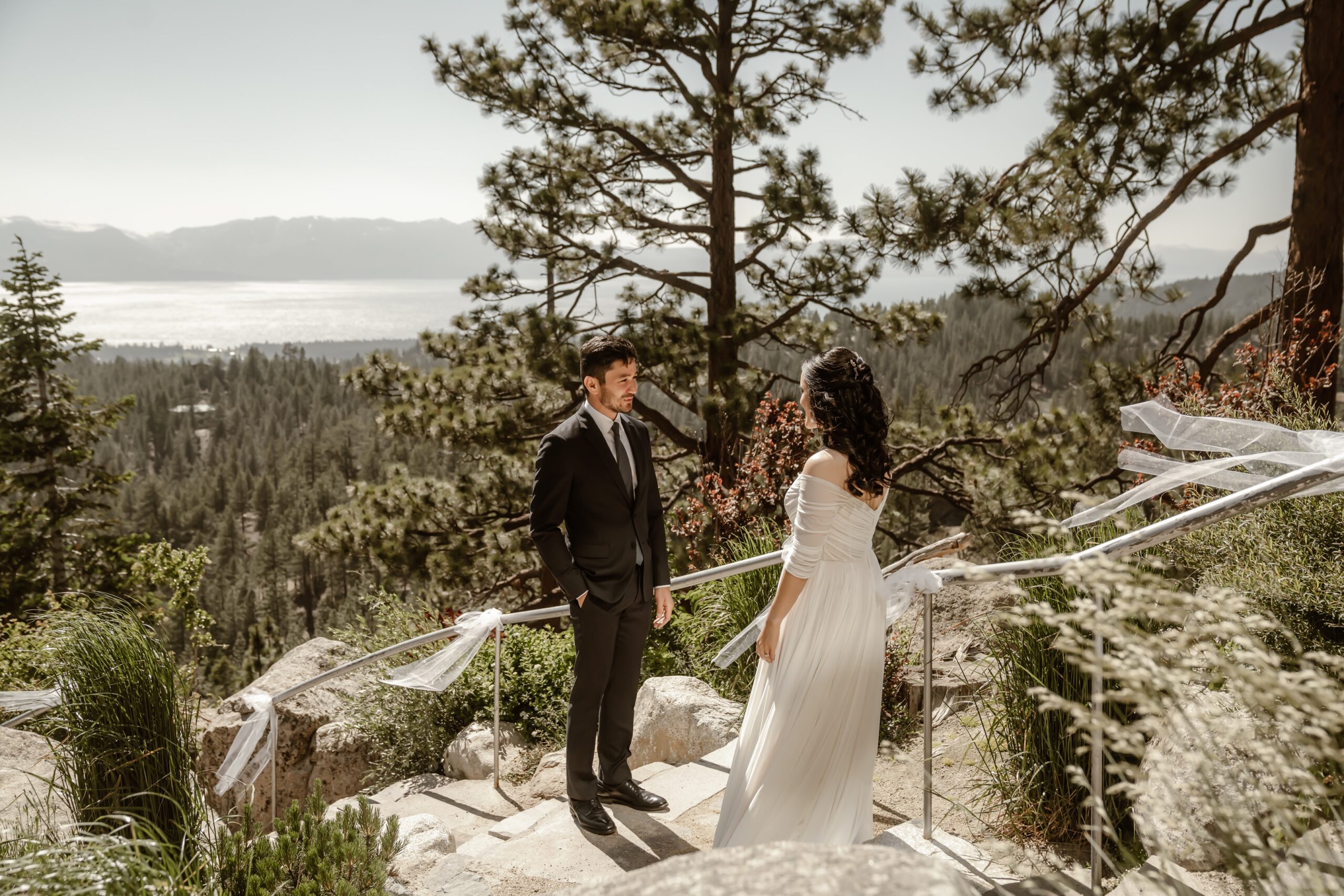 Bride and groom first look at Tahoe Blue Estate