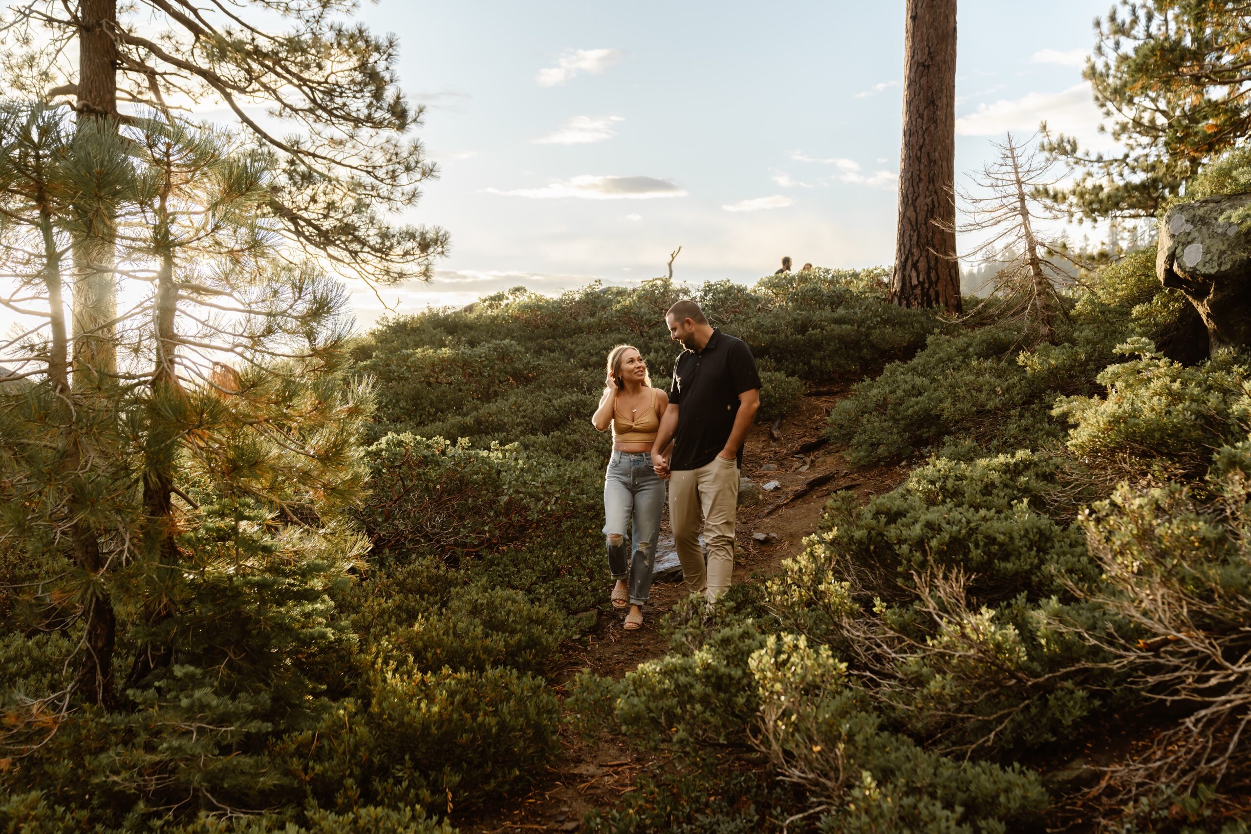 Couple explores during Lake Tahoe proposal