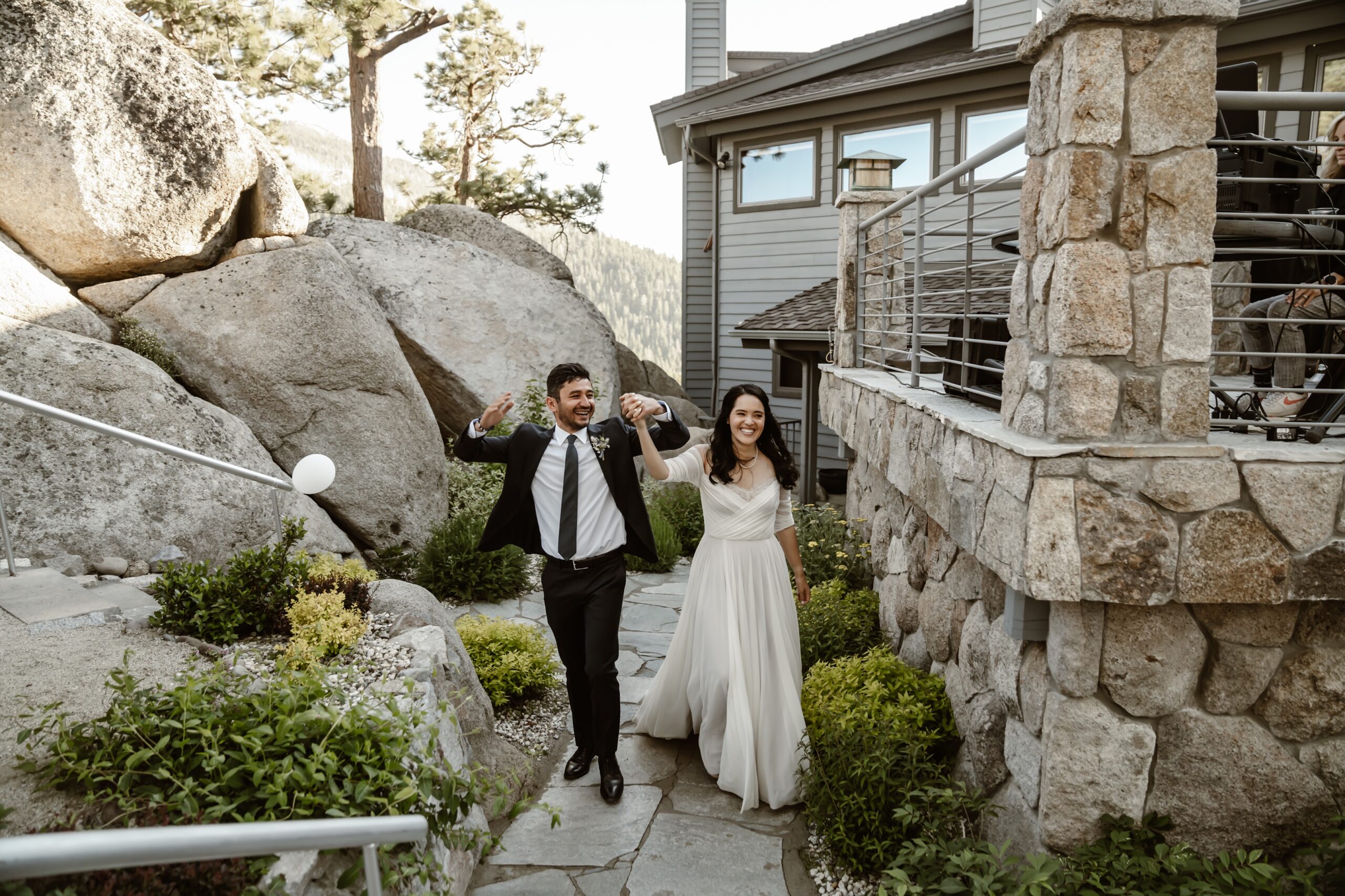 Bride and groom enter Tahoe Blue Estate wedding reception