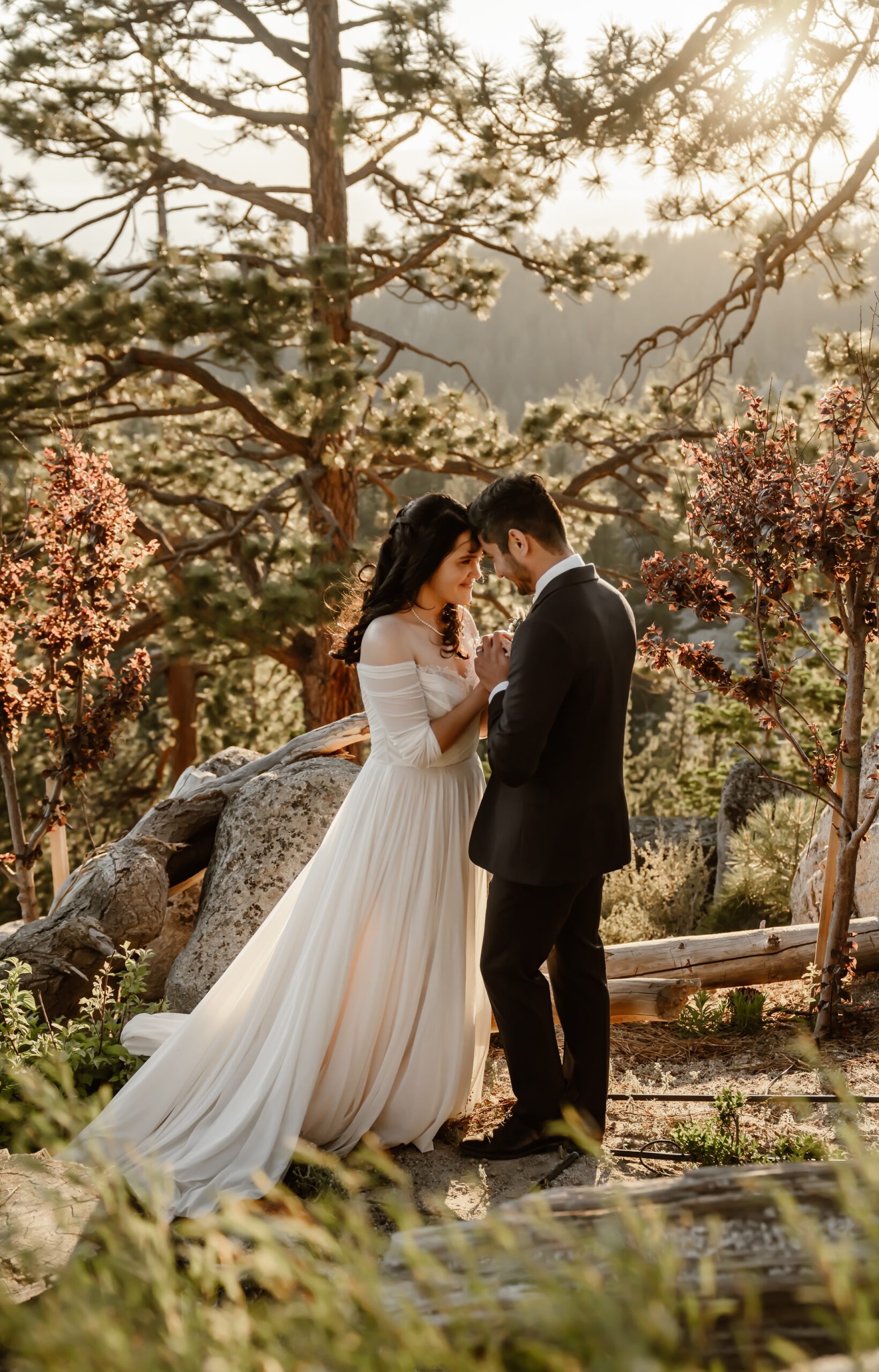 Bride and groom embrace at Tahoe Blue Estate wedding