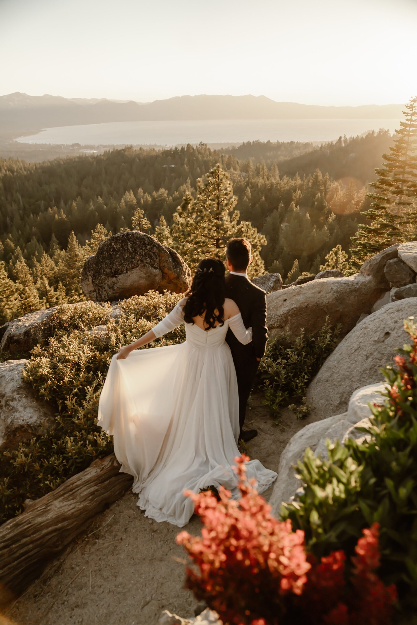 Couple looks out at Lake Tahoe from Tahoe Blue Estate