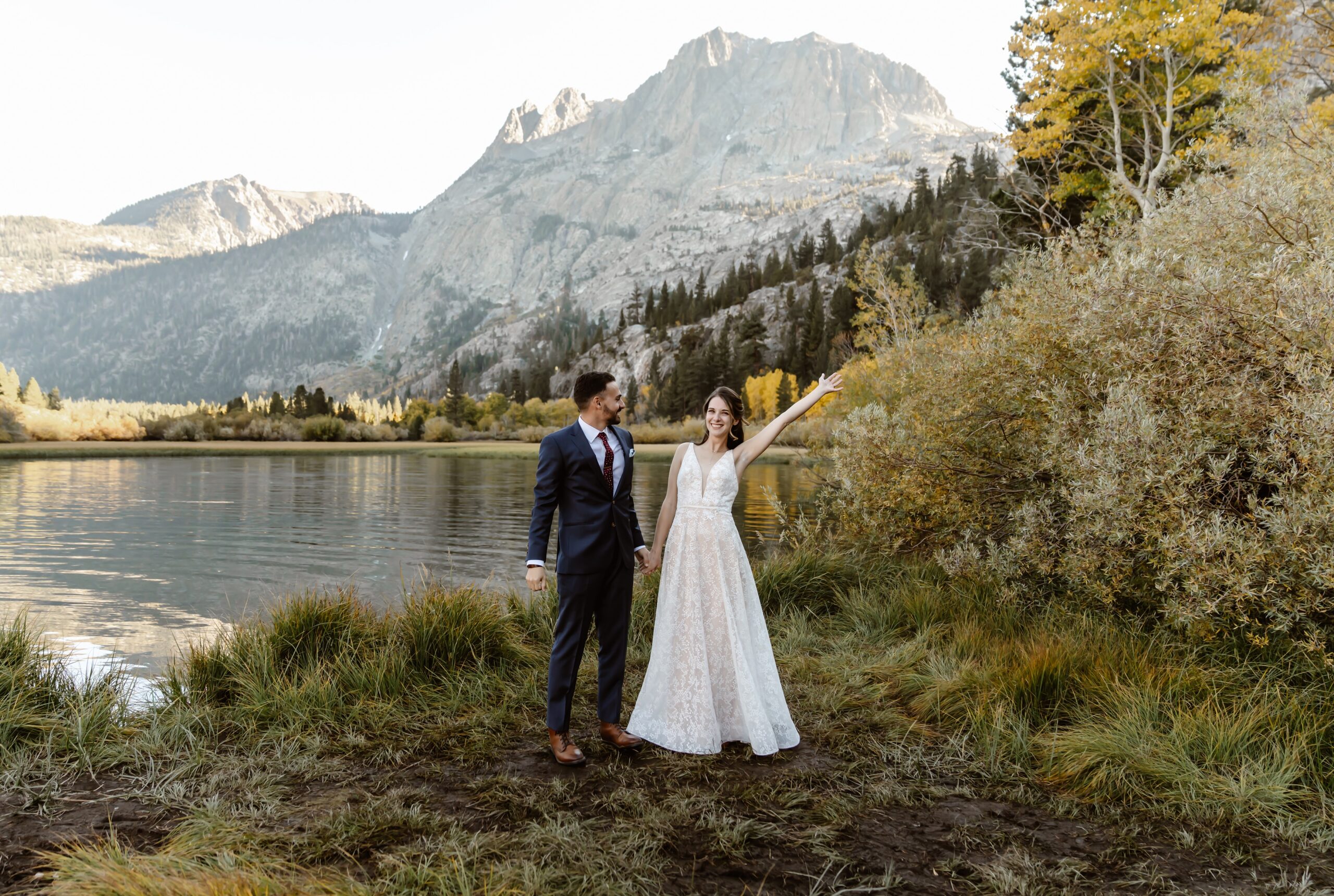 Bride and groom smile at Mammoth Lakes elopement