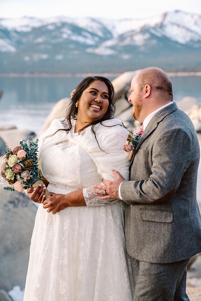Bride and groom portraits at Sand Harbor in the winter