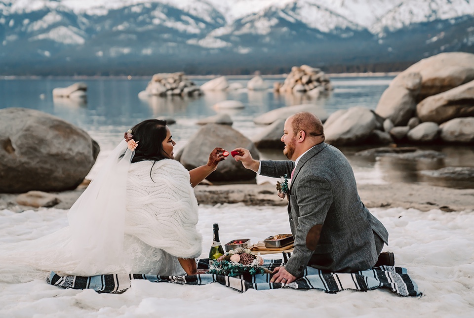 Bride and groom at their Tahoe winter elopement