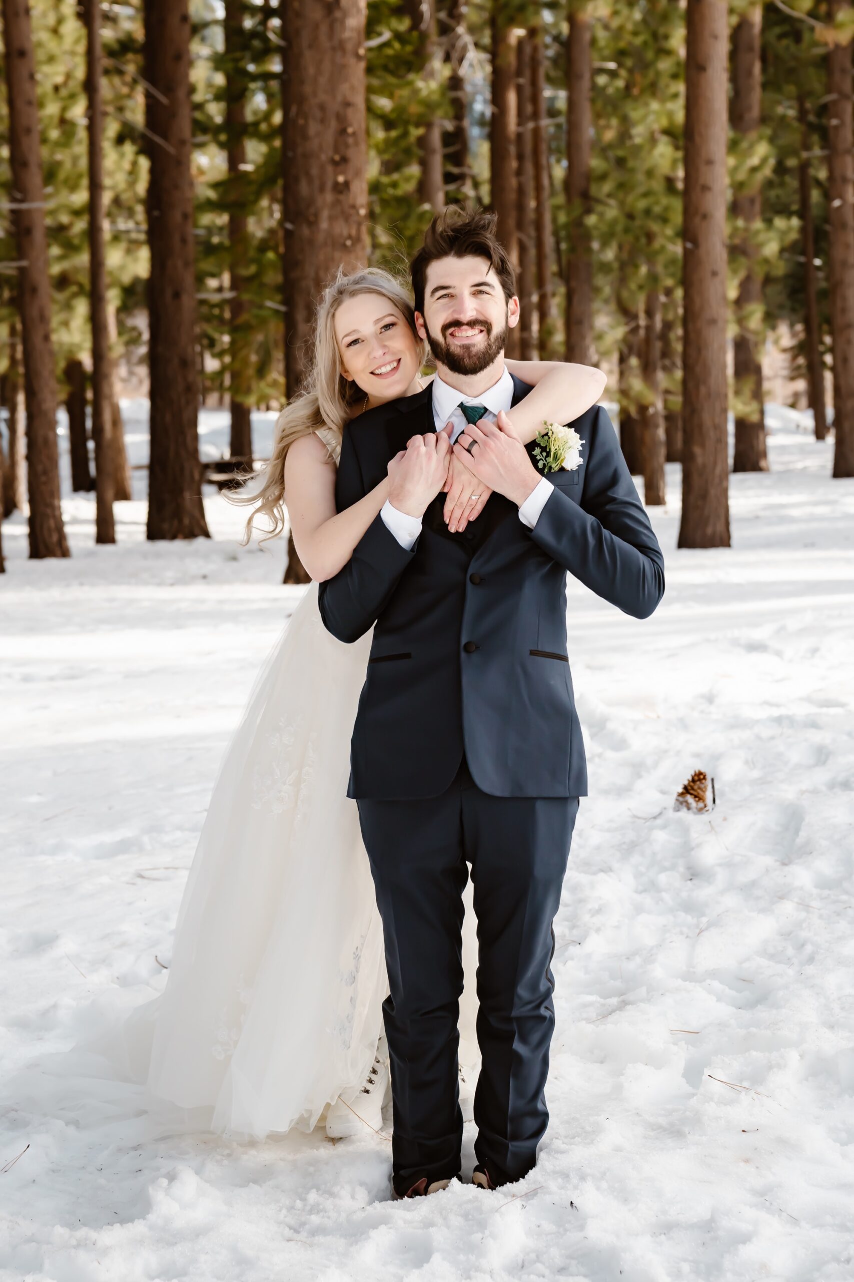 Bride and groom at their winter elopement in Zephyr Cove