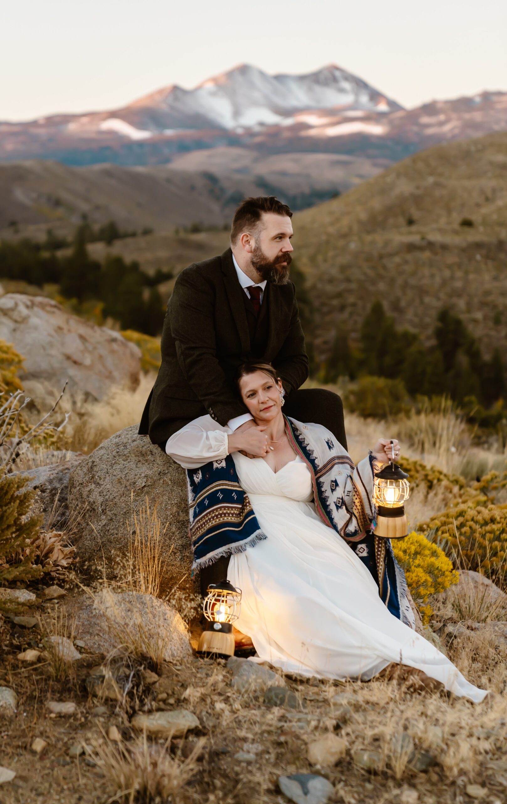 Bride and groom pose for sunrise elopement photos