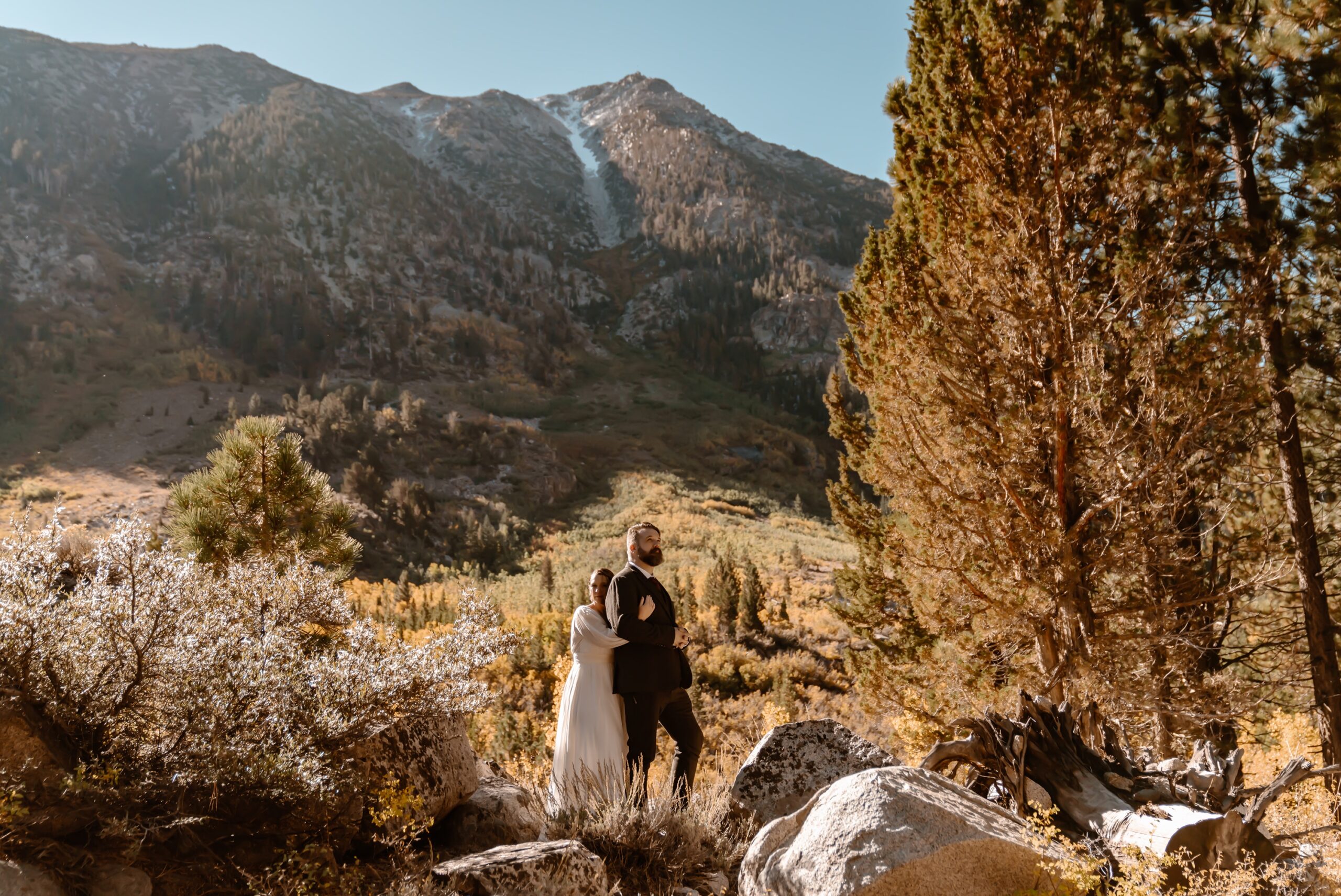 Bride and groom portraits at elopement near Mono Lake