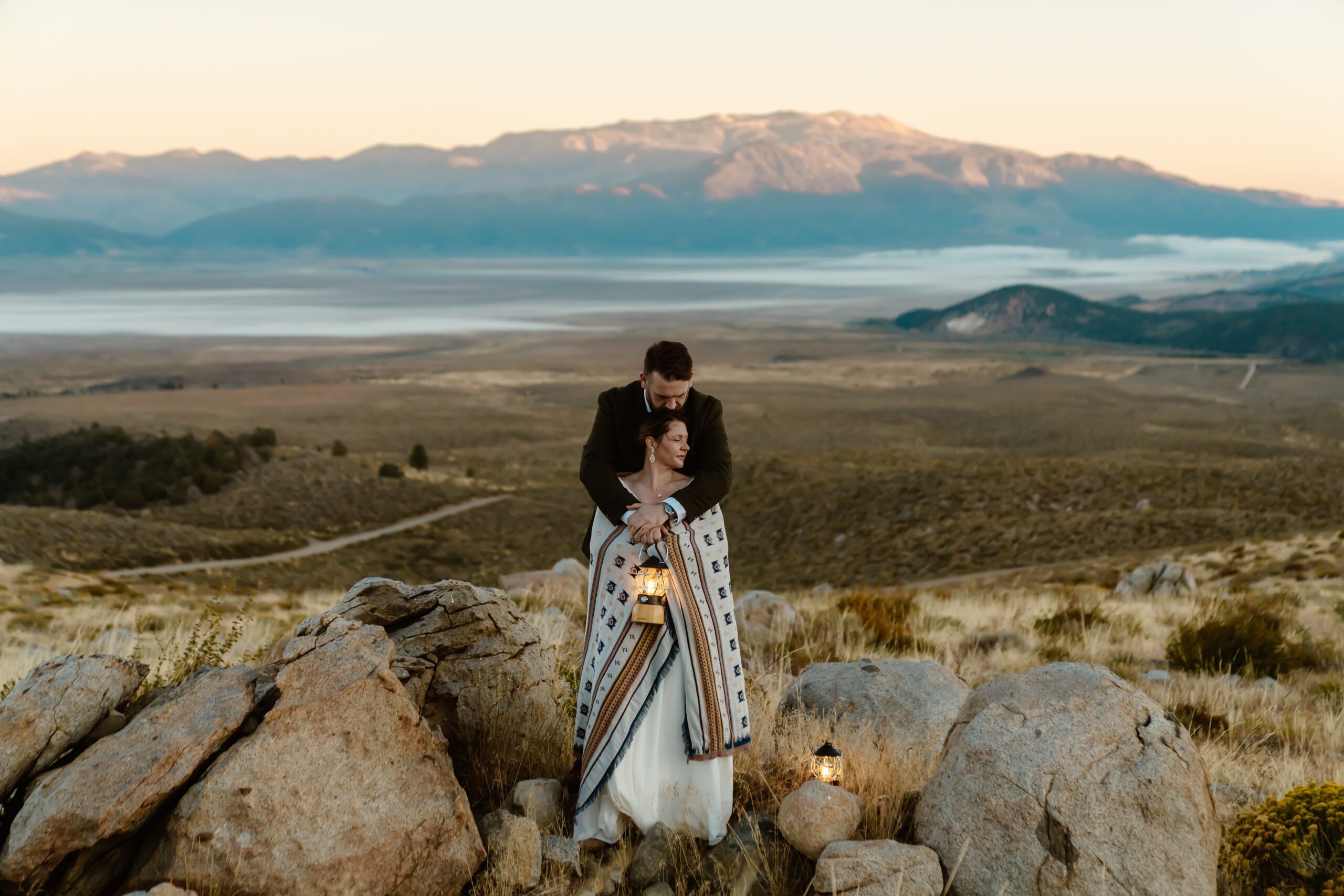 Couples portraits near Mono Lake at sunrise