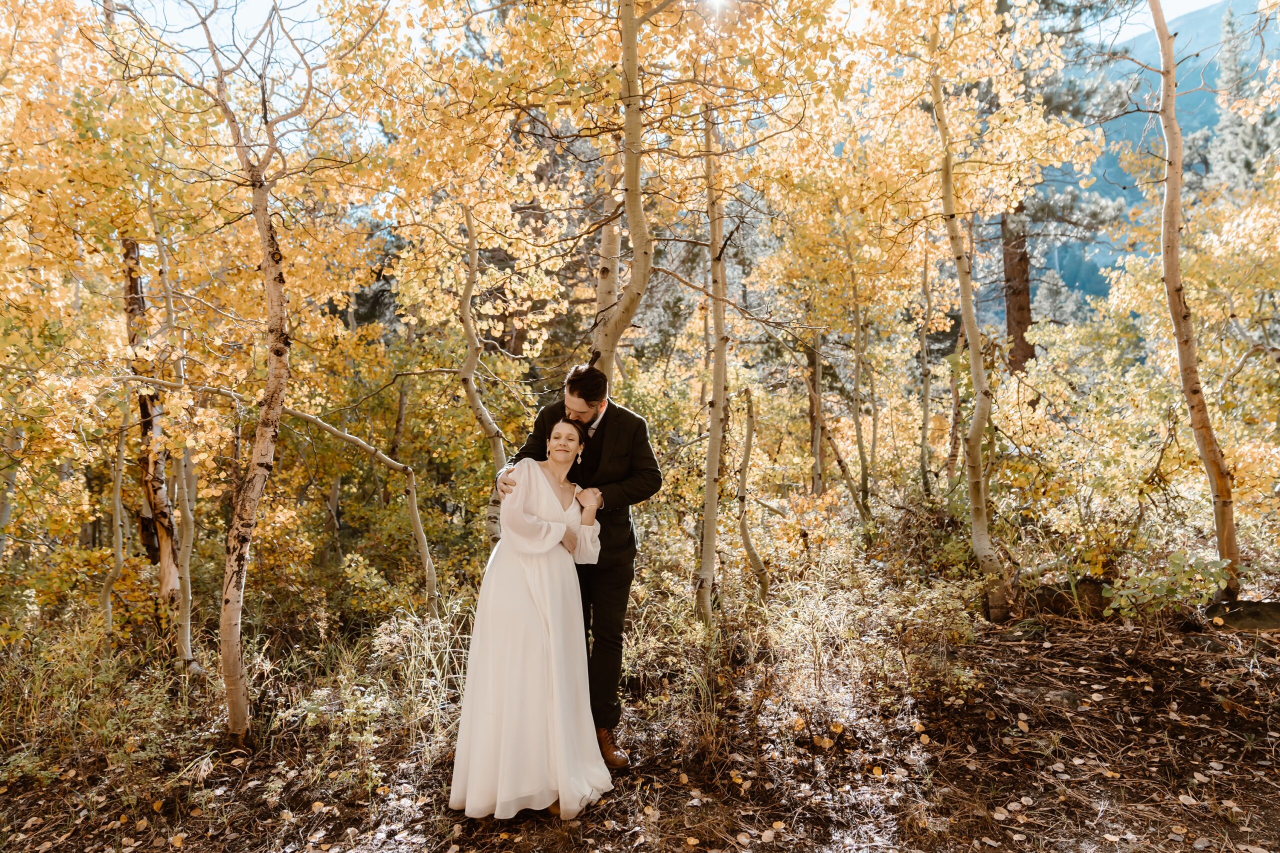 Bride and groom at their fall elopement near Mono Lake