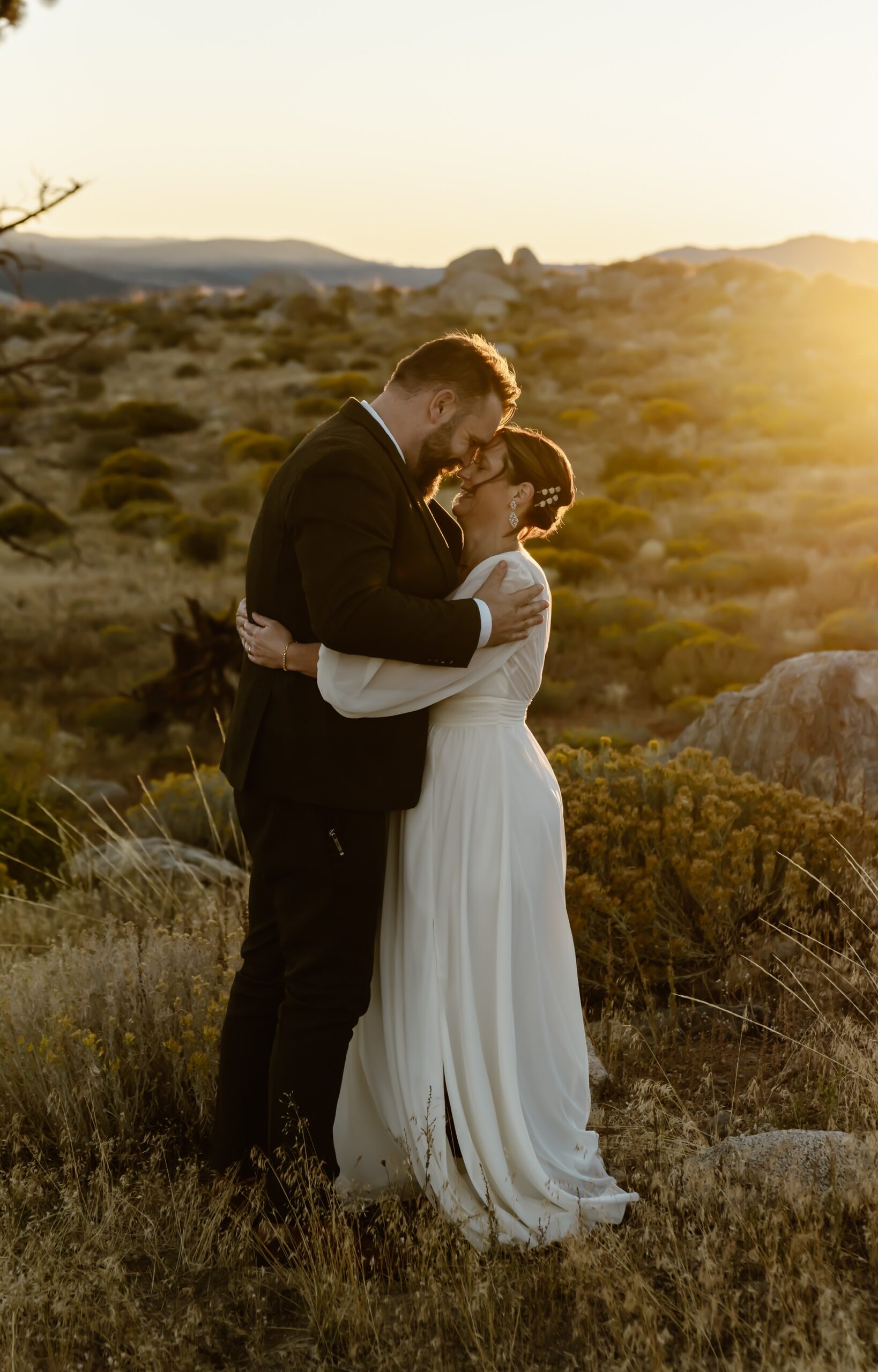 Bride and groom sunrise portraits before Mono Lake elopement