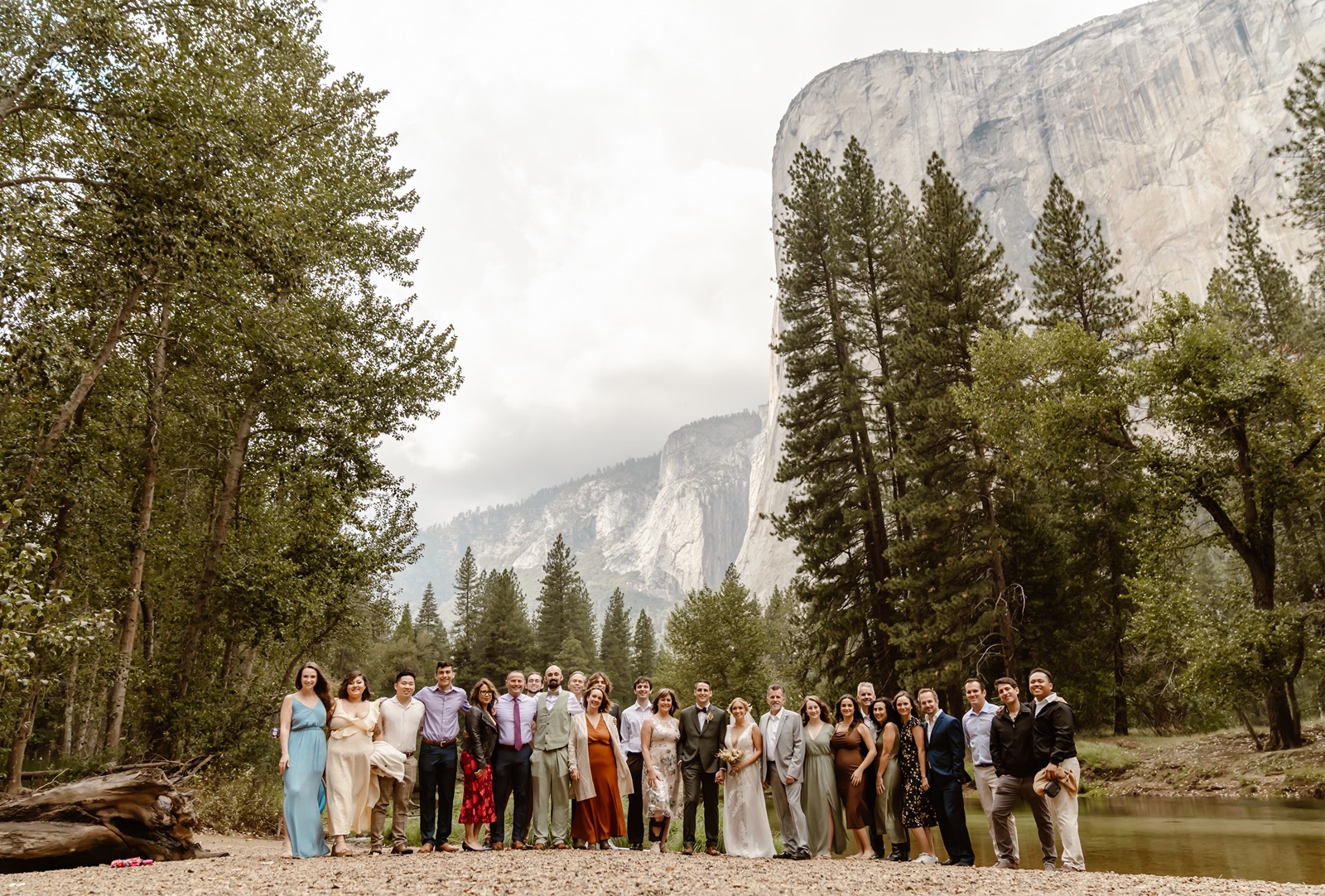 Entire group at the intimate Cathedral Beach Yosemite wedding
