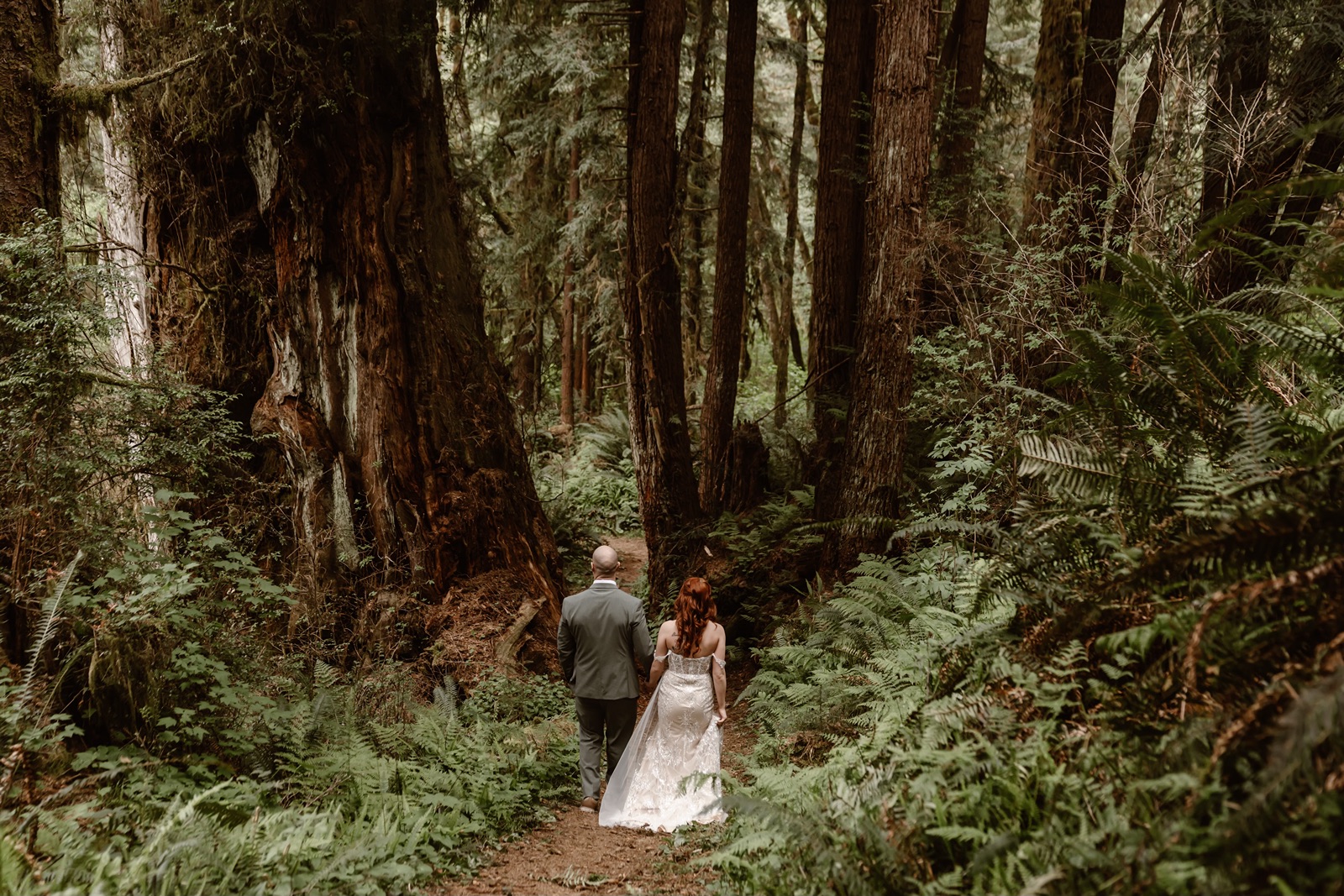 Couple walks holding hands in Fern Canyon