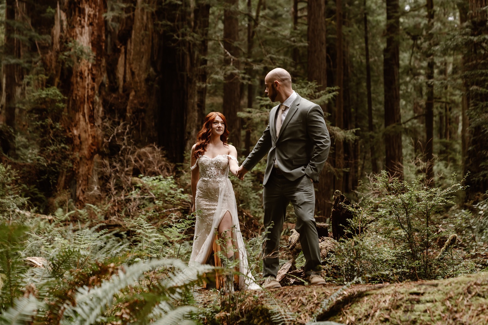Bride and groom explore Prairie Creek Redwoods State Park