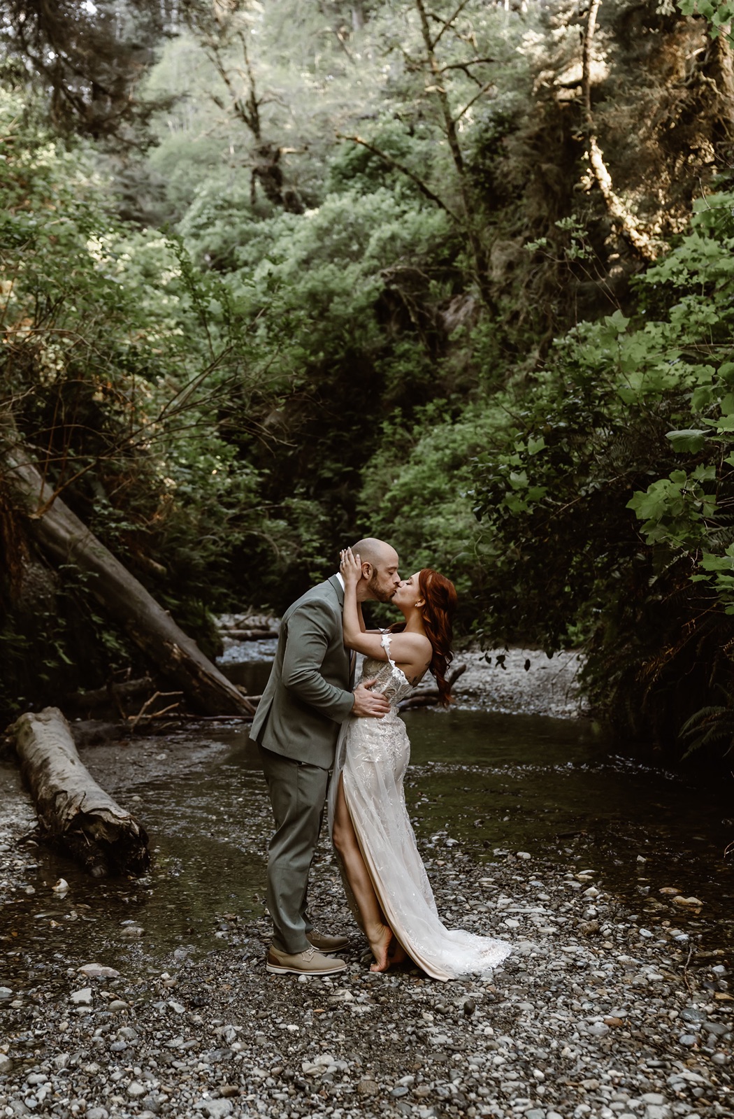 Bride and groom kiss in Fern Canyon