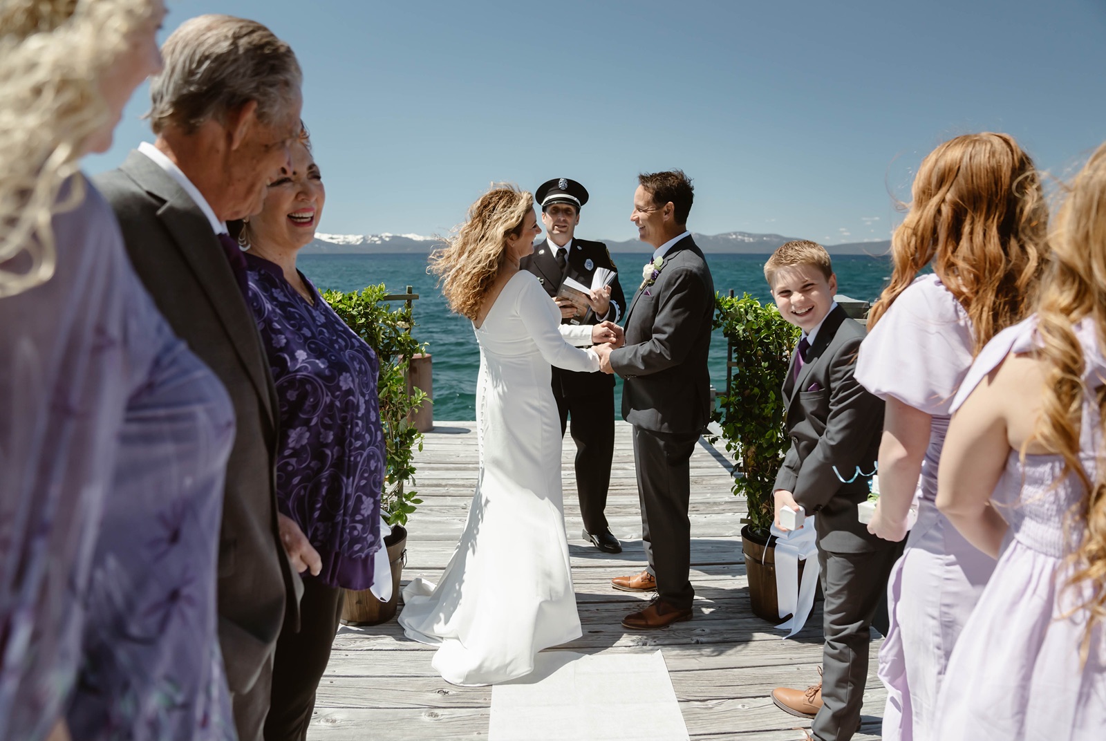 Bride and groom say their vows at their Lake Tahoe Airbnb wedding