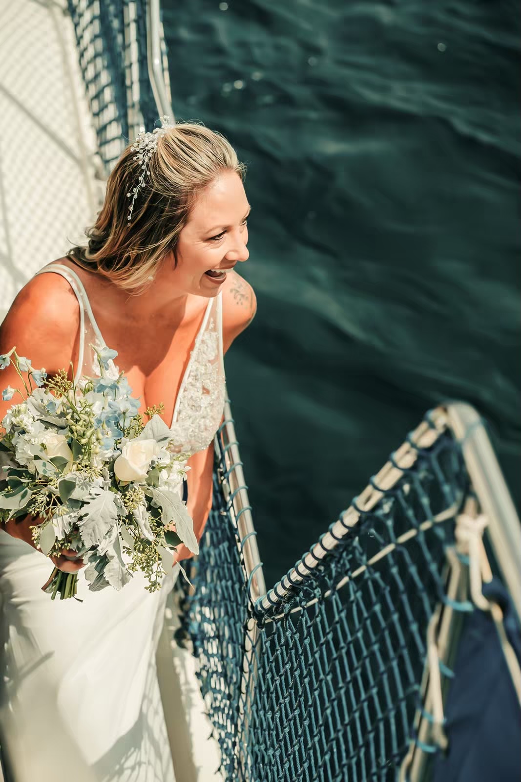 Bride makes her entrance at the Lake Tahoe boat wedding