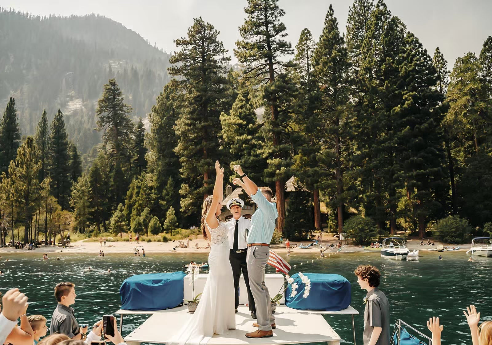 Bride and groom say their vows at the Lake Tahoe boat wedding