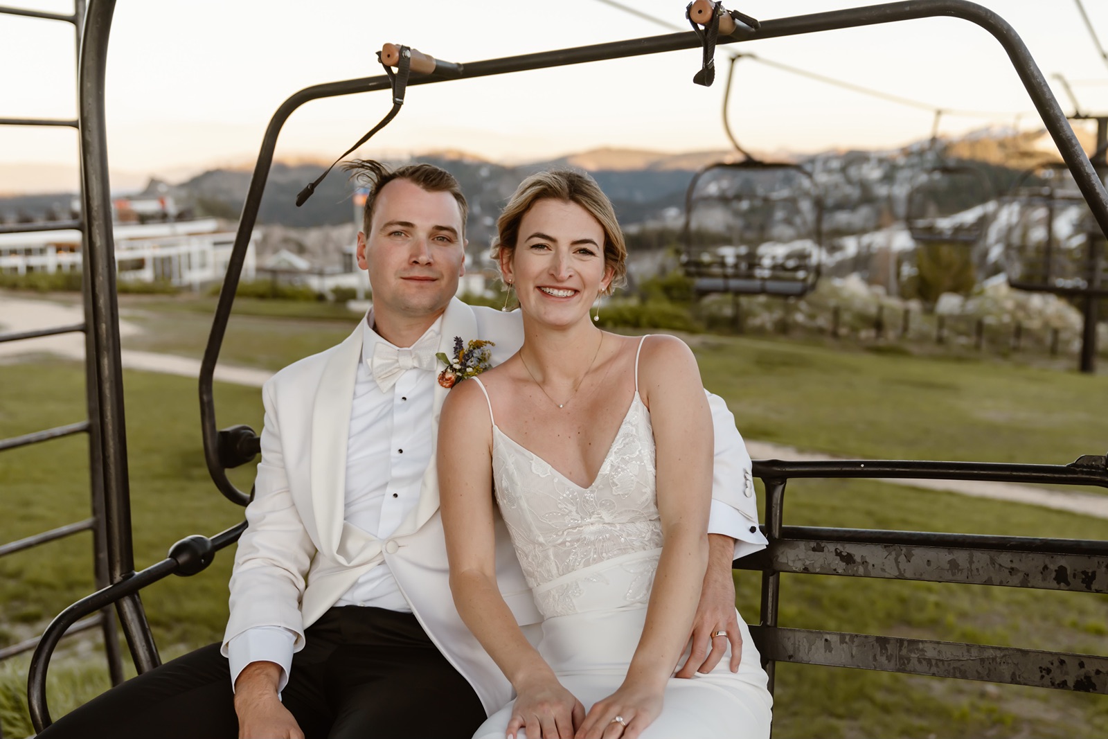 Bride and groom ride the gondola after their Palisades wedding ceremony