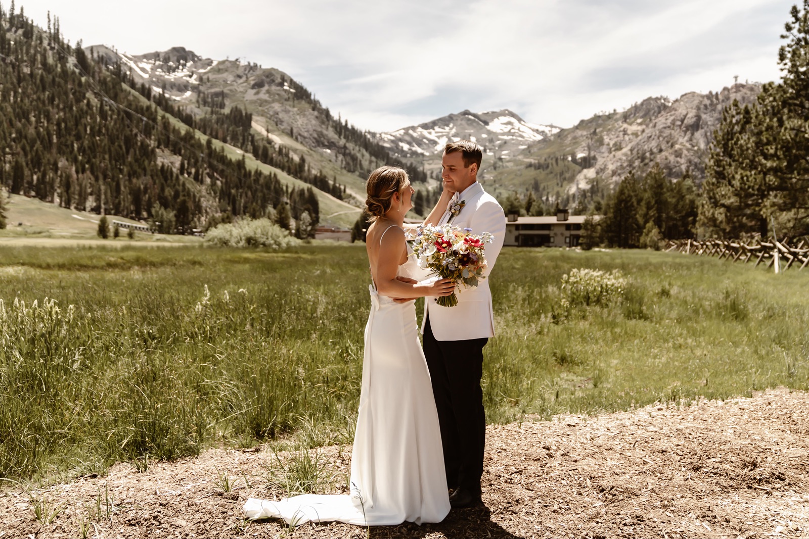 Bride and groom have first look before their Palisades wedding ceremony