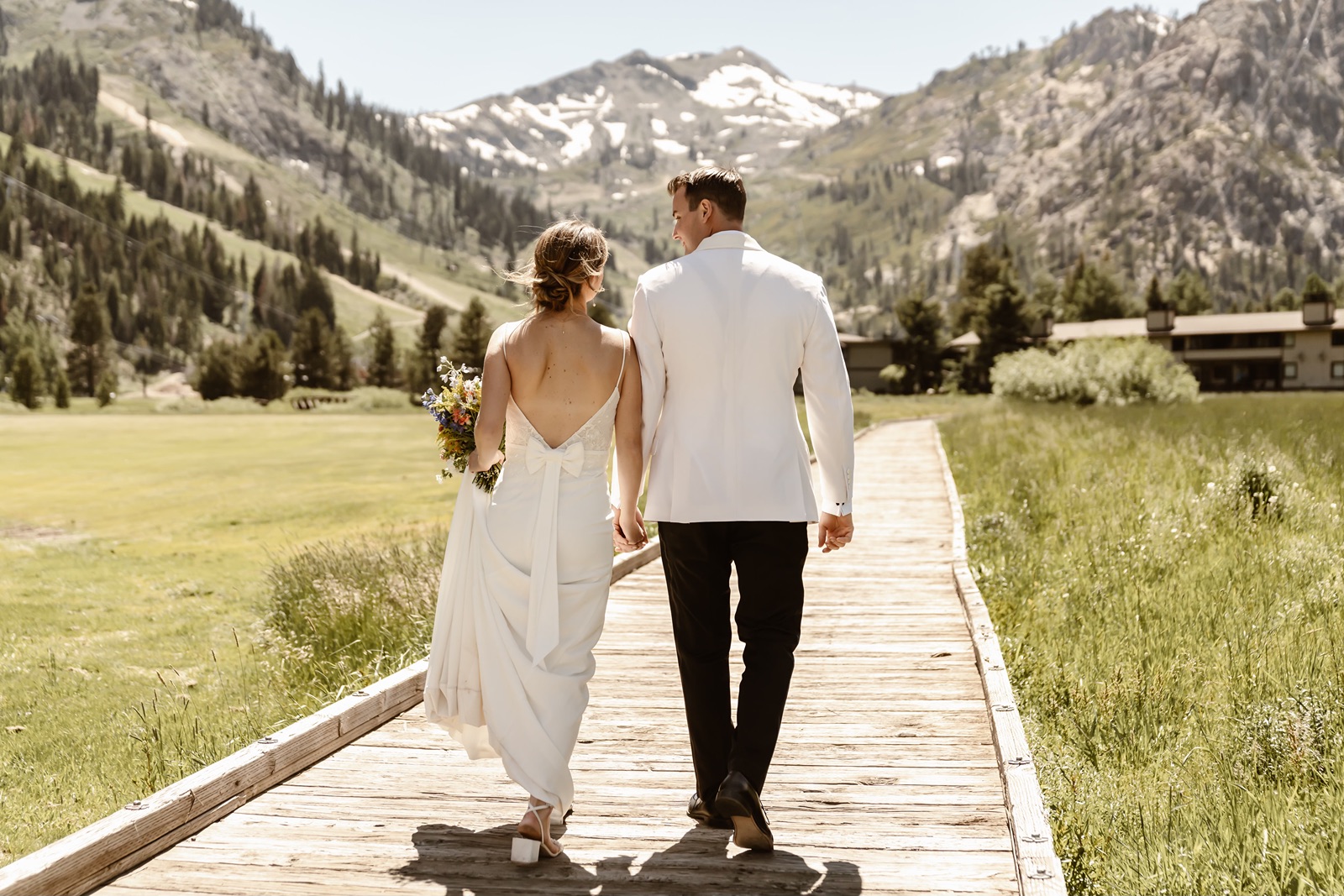 Bride and groom exploring Palisades before wedding