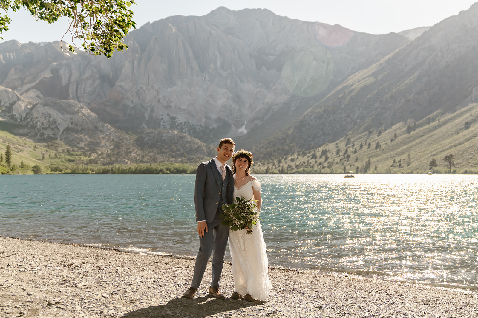 couple smiles after their Convict Lake Resort wedding ceremony