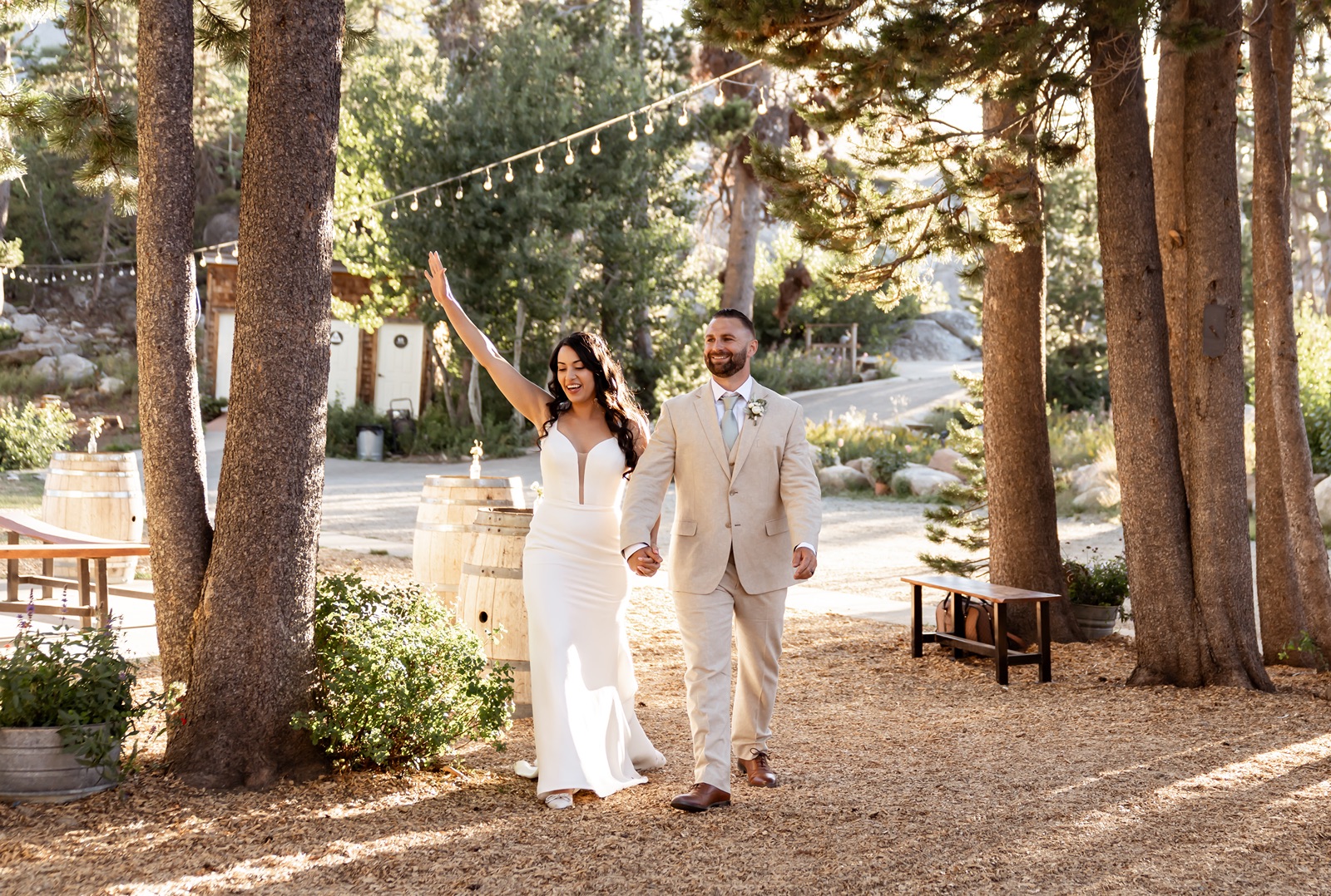 Bride and groom enter the cocktail hour at their Hideout at Kirkwood wedding