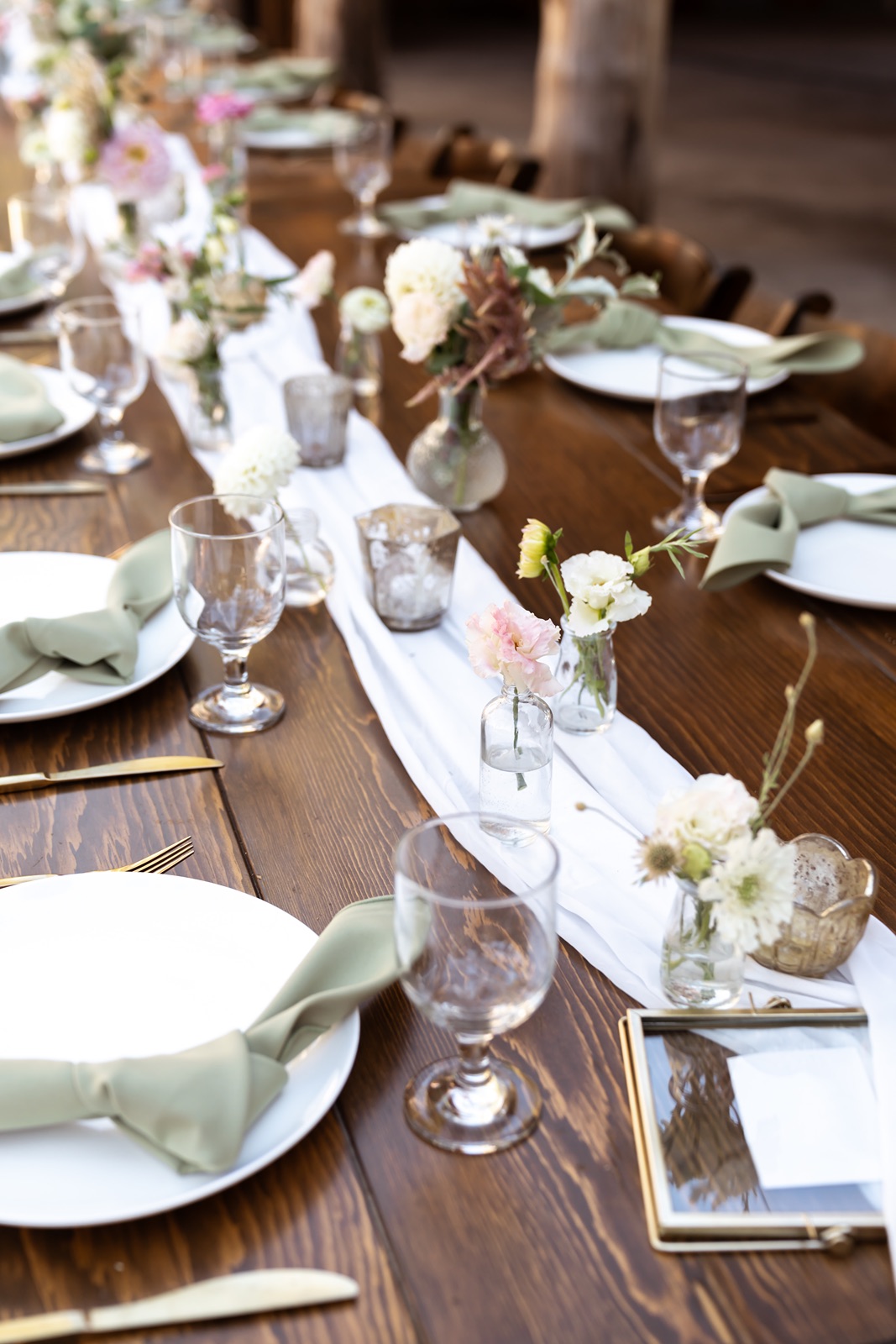 Sage green and white wedding reception decor