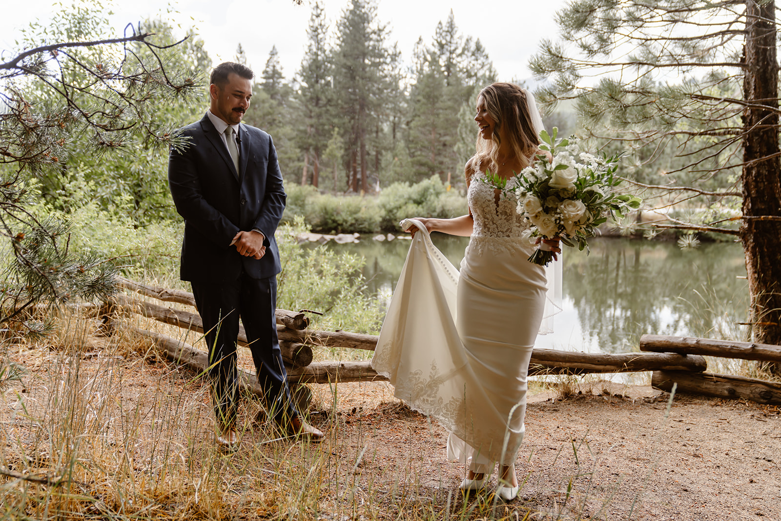 Bride and groom first look at Lake Tahoe Golf Course wedding